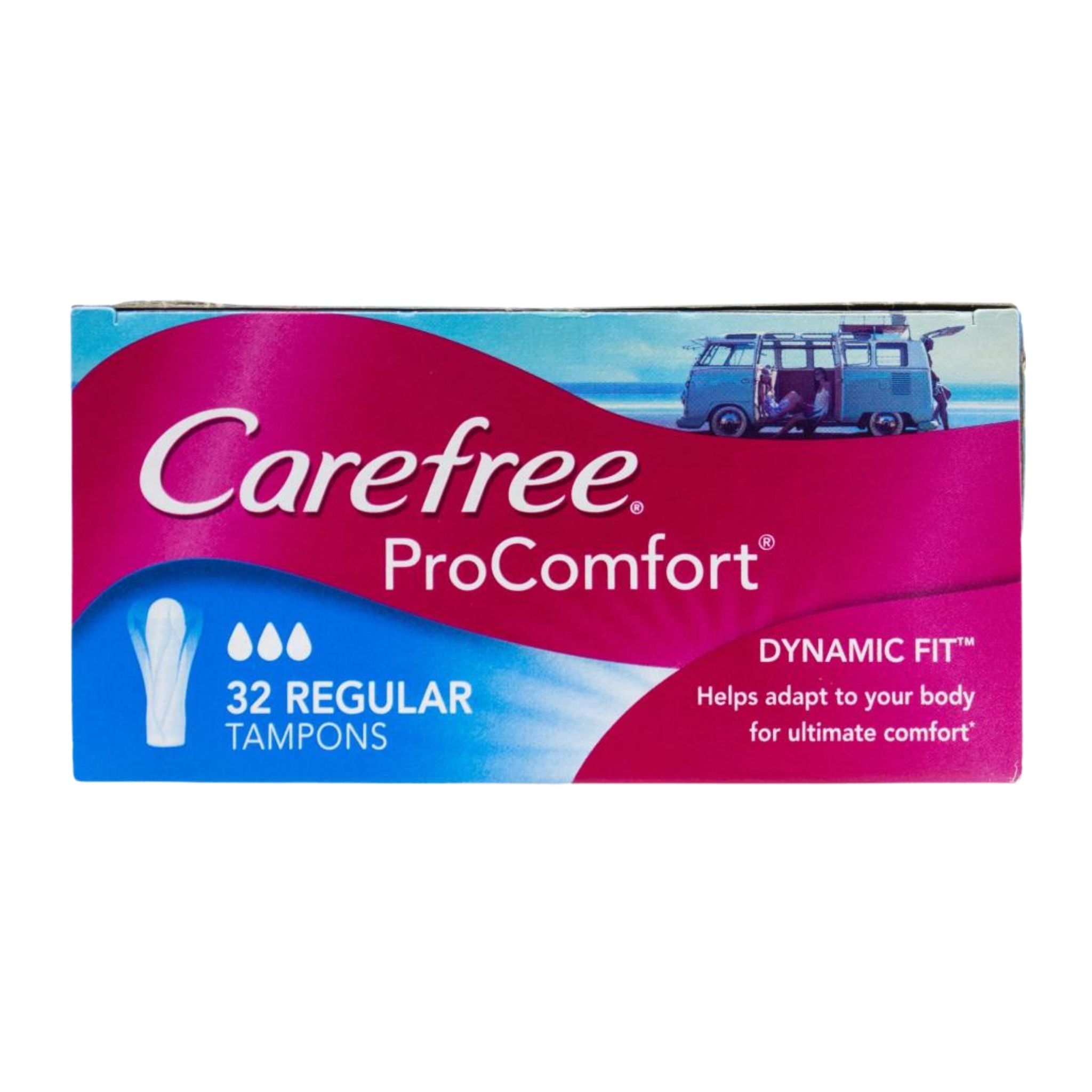 Carefree ProComfort Regular Tampons 32 Pack front view packaging