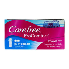 Carefree ProComfort Regular Tampons 32 Pack front view packaging