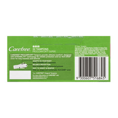 Carefree tampon packaging with green background and white text