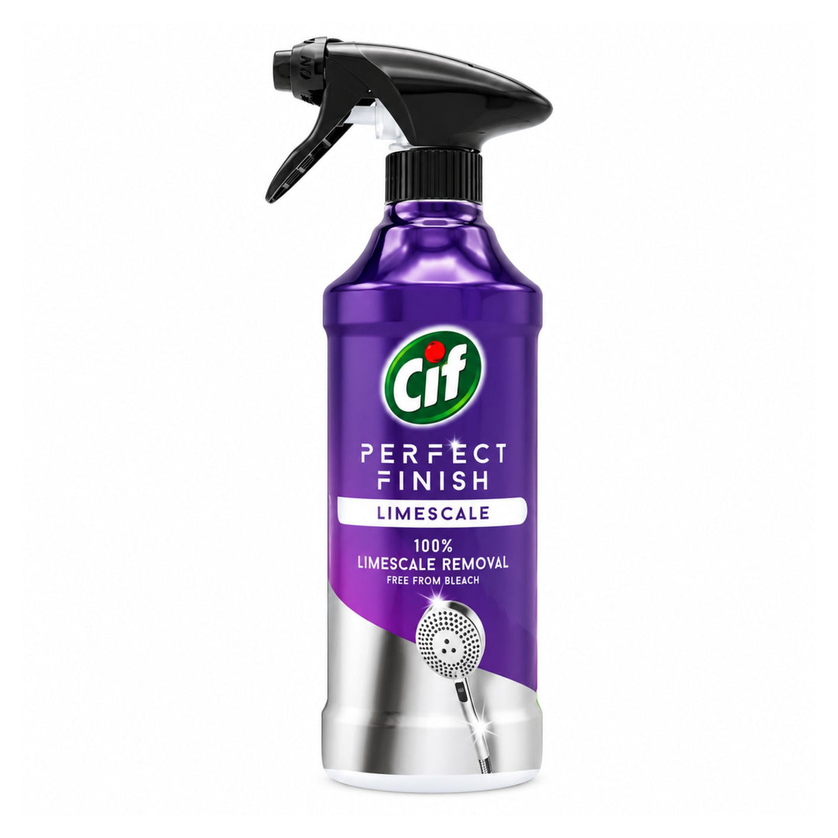 A bottle of Cif Perfect Finish Limescale Removal spray, featuring a purple and silver label with a black trigger sprayer, on a solid white background.