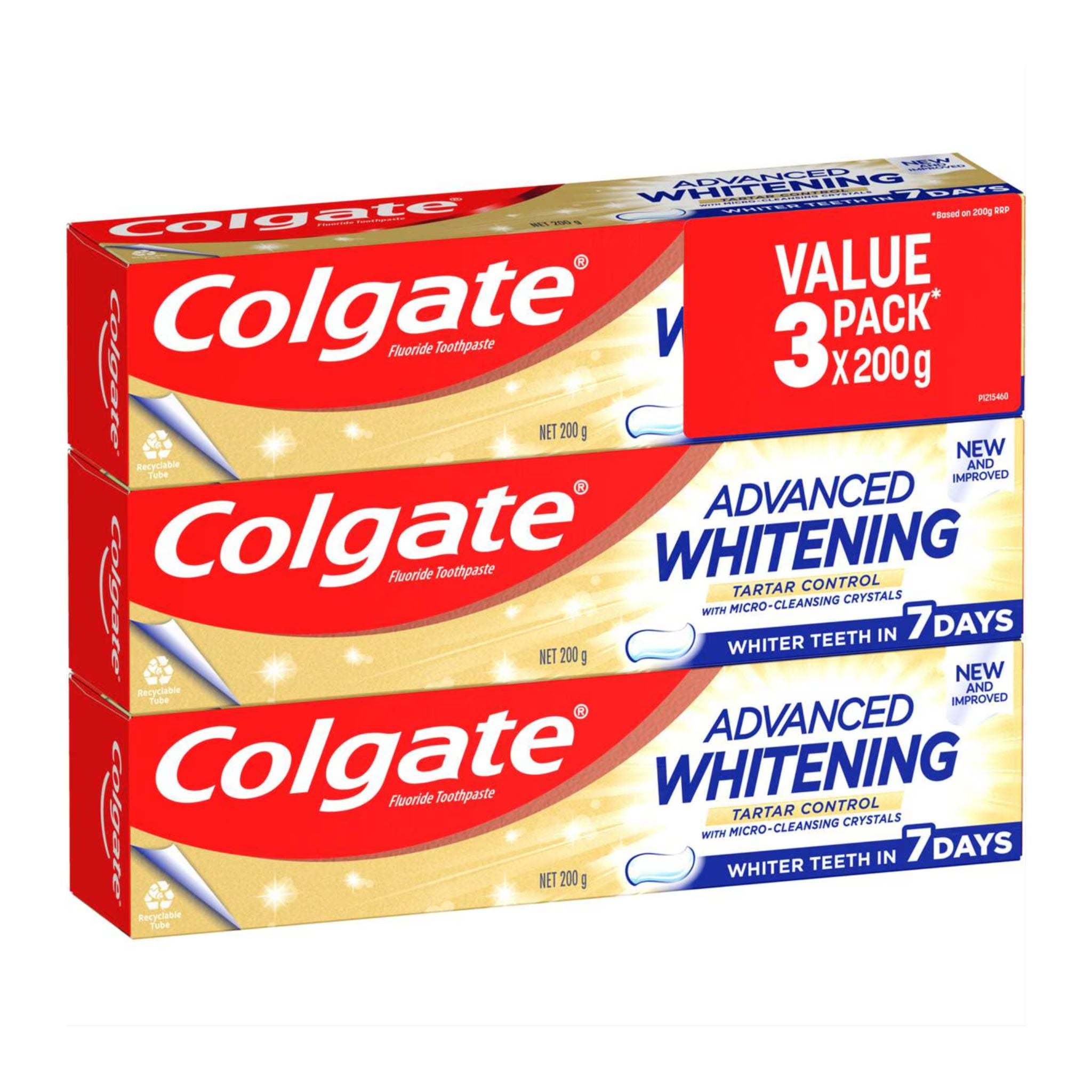 Colgate Advanced Whitening toothpaste value pack on a white background