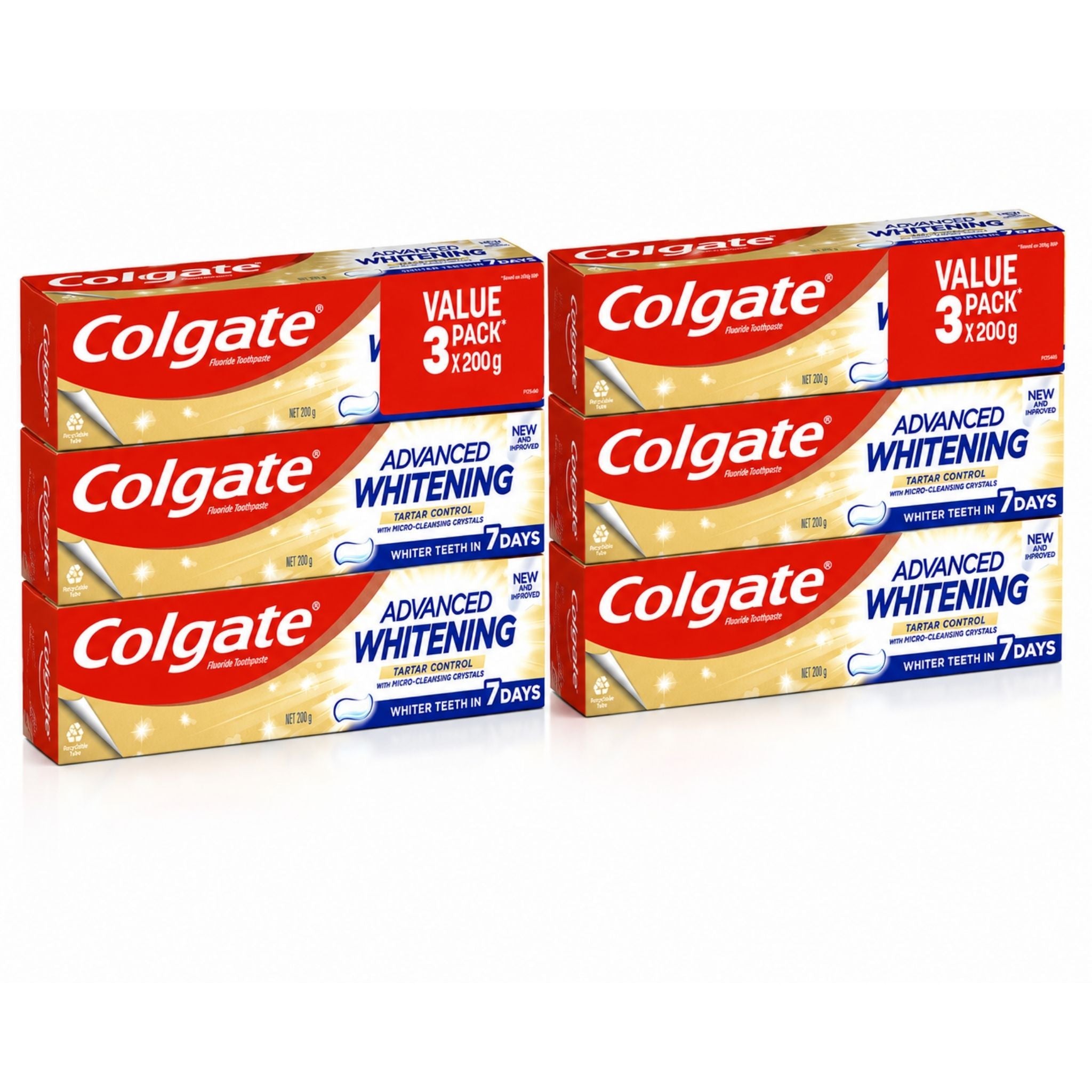 Four boxes of Colgate Advanced Whitening toothpaste arranged in a 2x2 grid on a white background. The packaging features a red and white top section with the Colgate logo, and a gold and white lower section with blue text indicating 'Advanced Whitening' and 'Winter Teeth 7 Days'.
