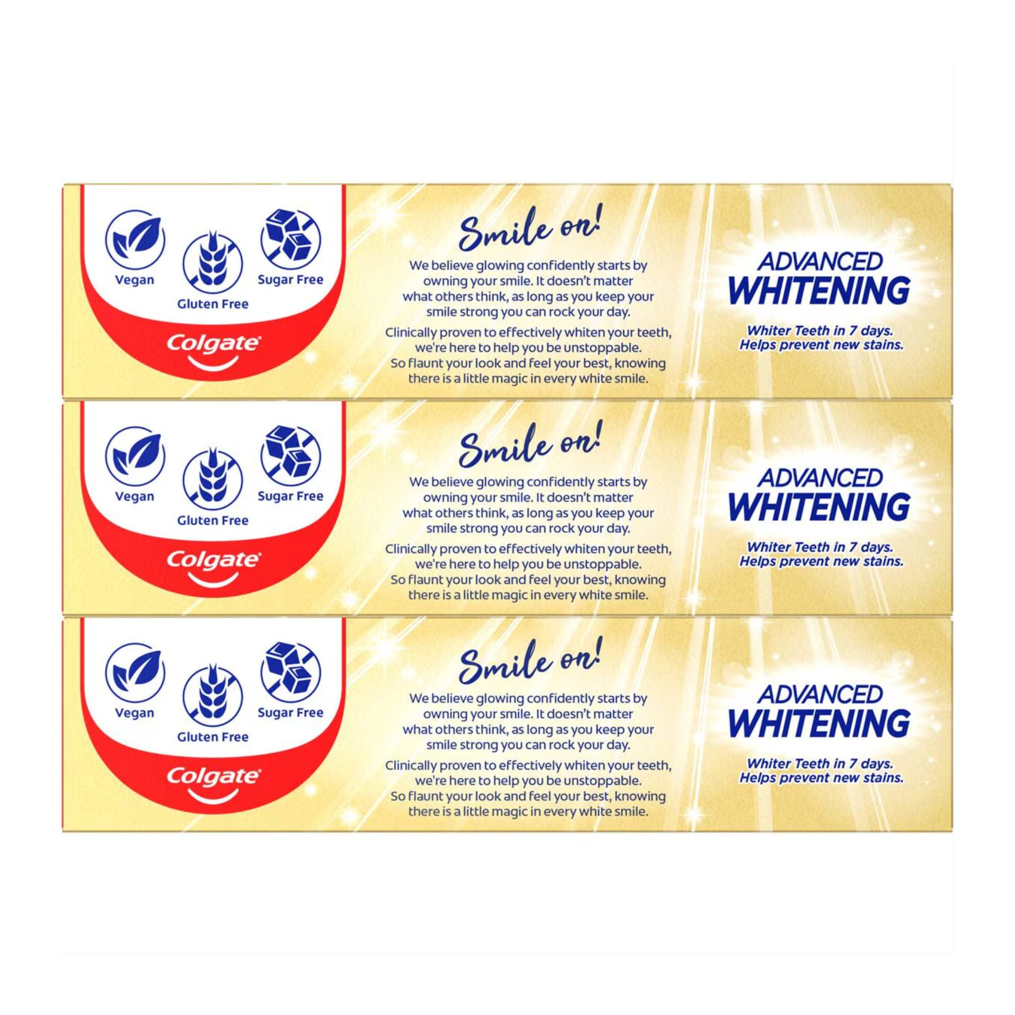 Three packs of Colgate Advanced Whitening toothpaste on a white background