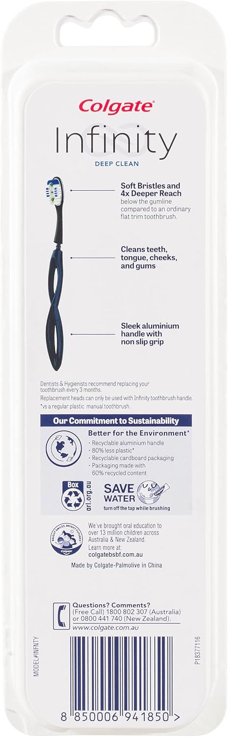 Back view of Colgate Infinity Deep Clean reusable toothbrush with blue aluminium handle, showing product details and instructions.