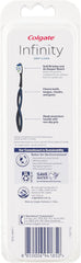 Back view of Colgate Infinity Deep Clean reusable toothbrush with blue aluminium handle, showing product details and instructions.