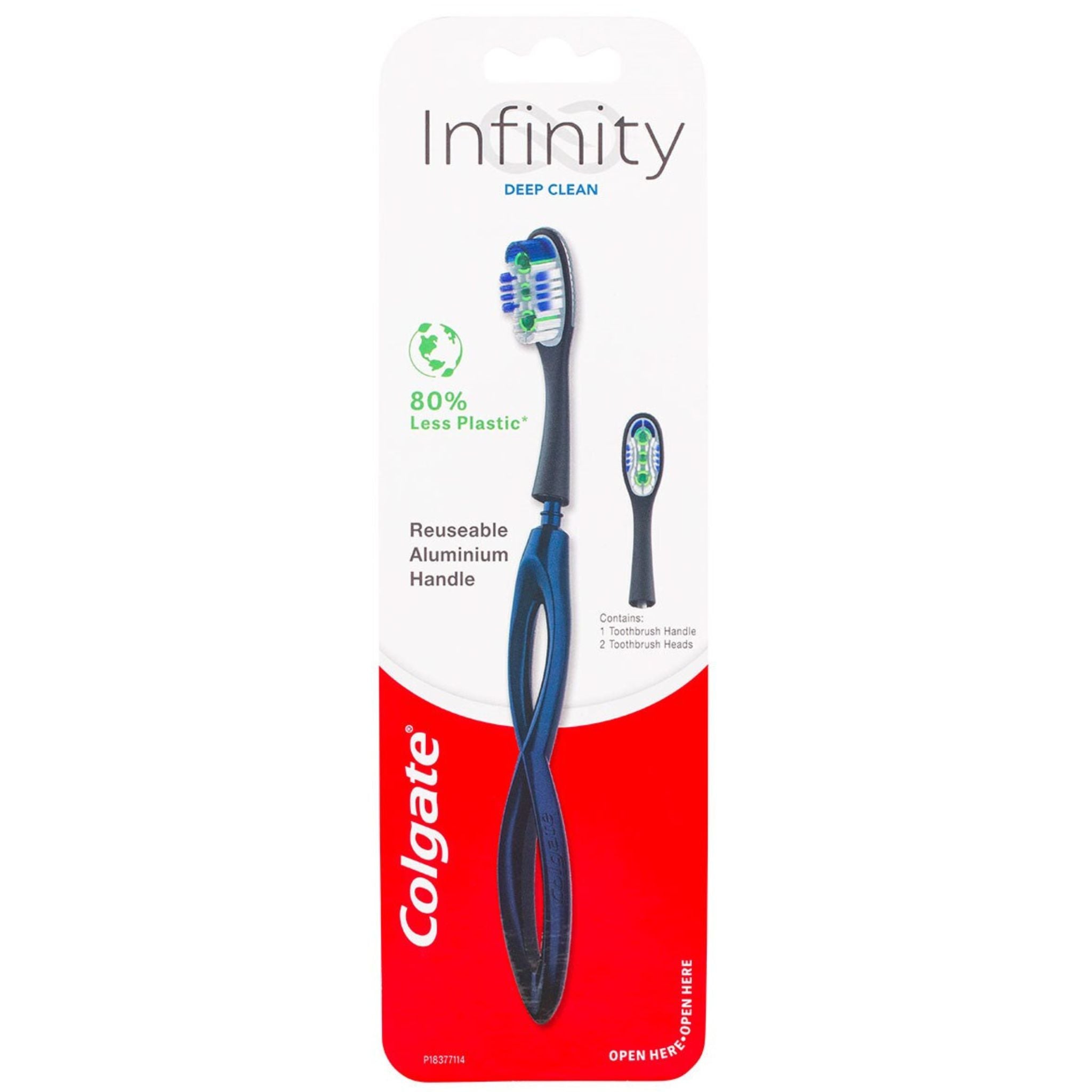 Colgate Infinity Deep Clean reusable toothbrush with blue aluminium handle in retail packaging, front view