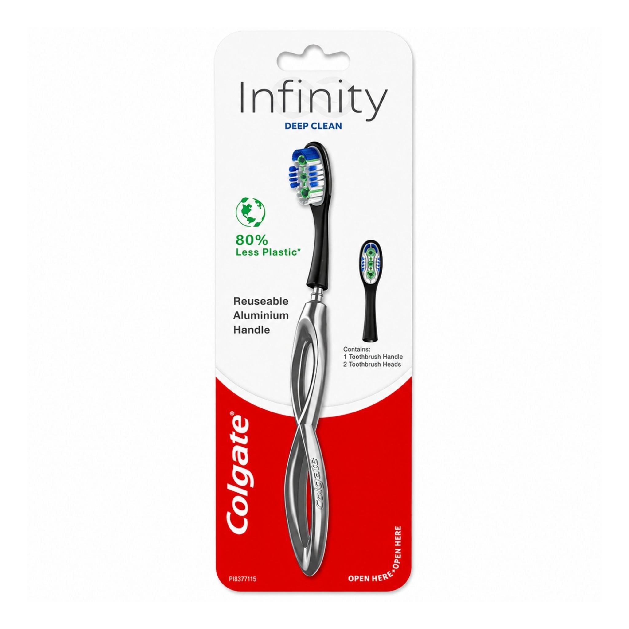 Colgate Infinity Deep Clean reusable aluminium toothbrush handle in its original retail packaging, featuring a silver twist design with black, blue, and green bristles.