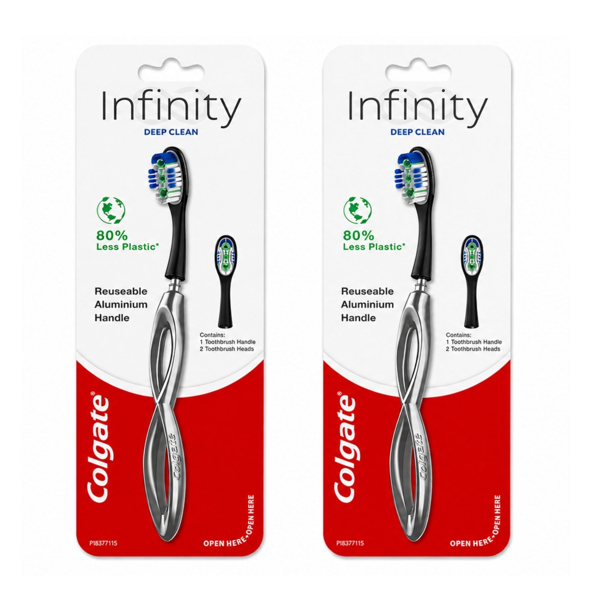 Two Colgate Infinity Deep Clean reusable toothbrushes in retail packaging, side by side on a white background. The toothbrushes have black handles with silver aluminium accents and blue, green, and white bristles.