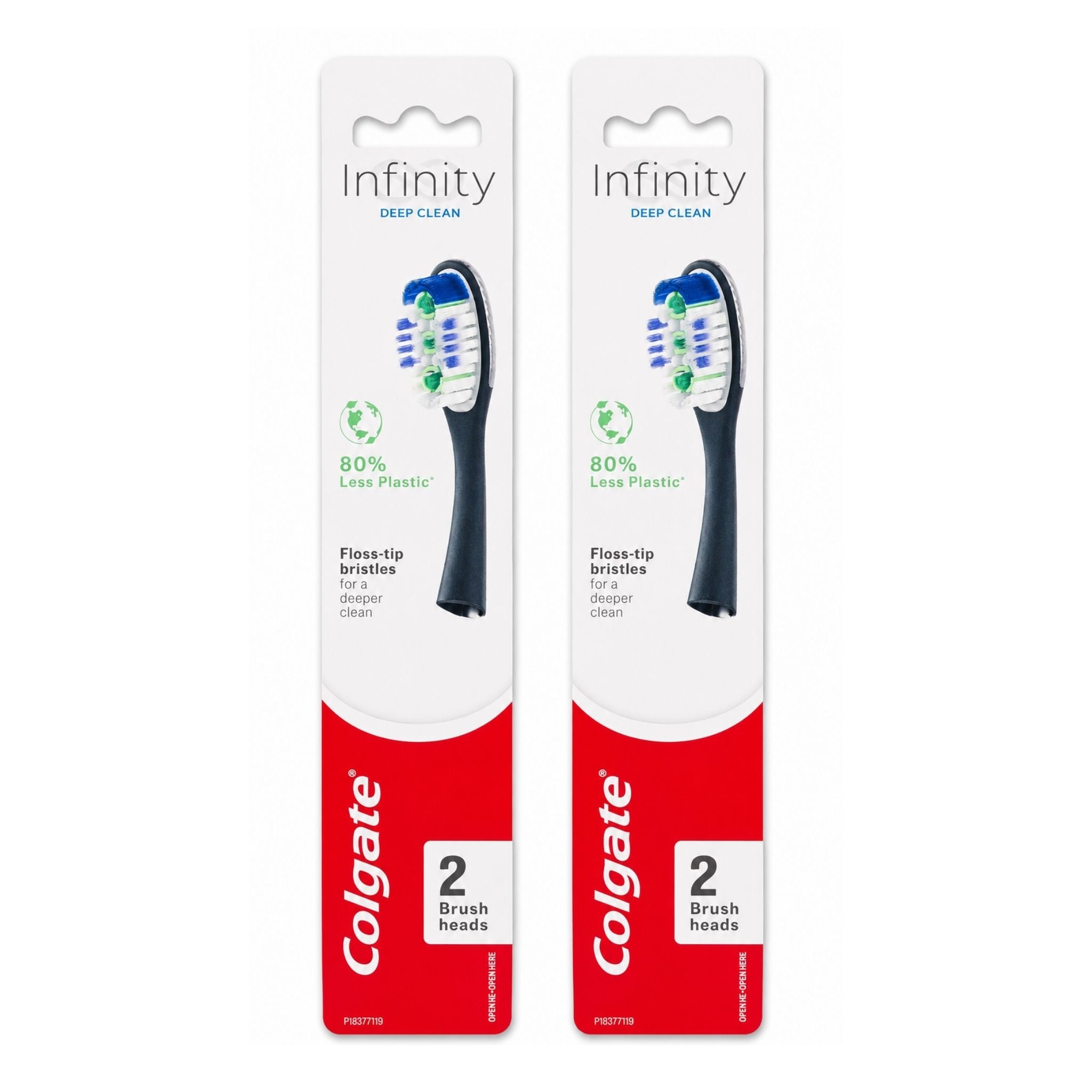 Two Colgate Infinity Deep Clean replacement toothbrushes in their retail packaging, side by side on a white background.
