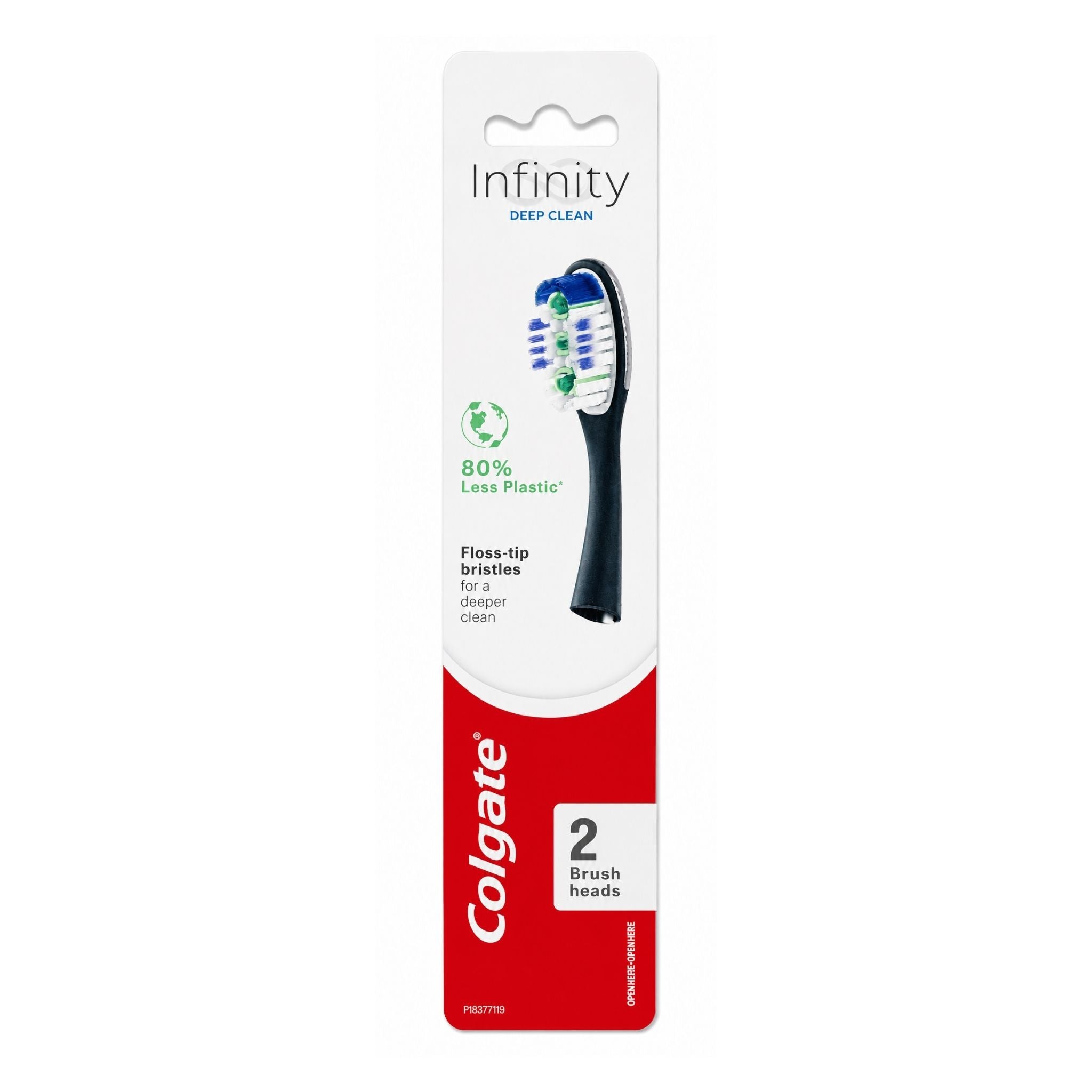 Colgate Infinity Deep Clean floss-tip spray brush head in its original retail packaging, featuring a white and red card with a graphic of the black and blue brush head.