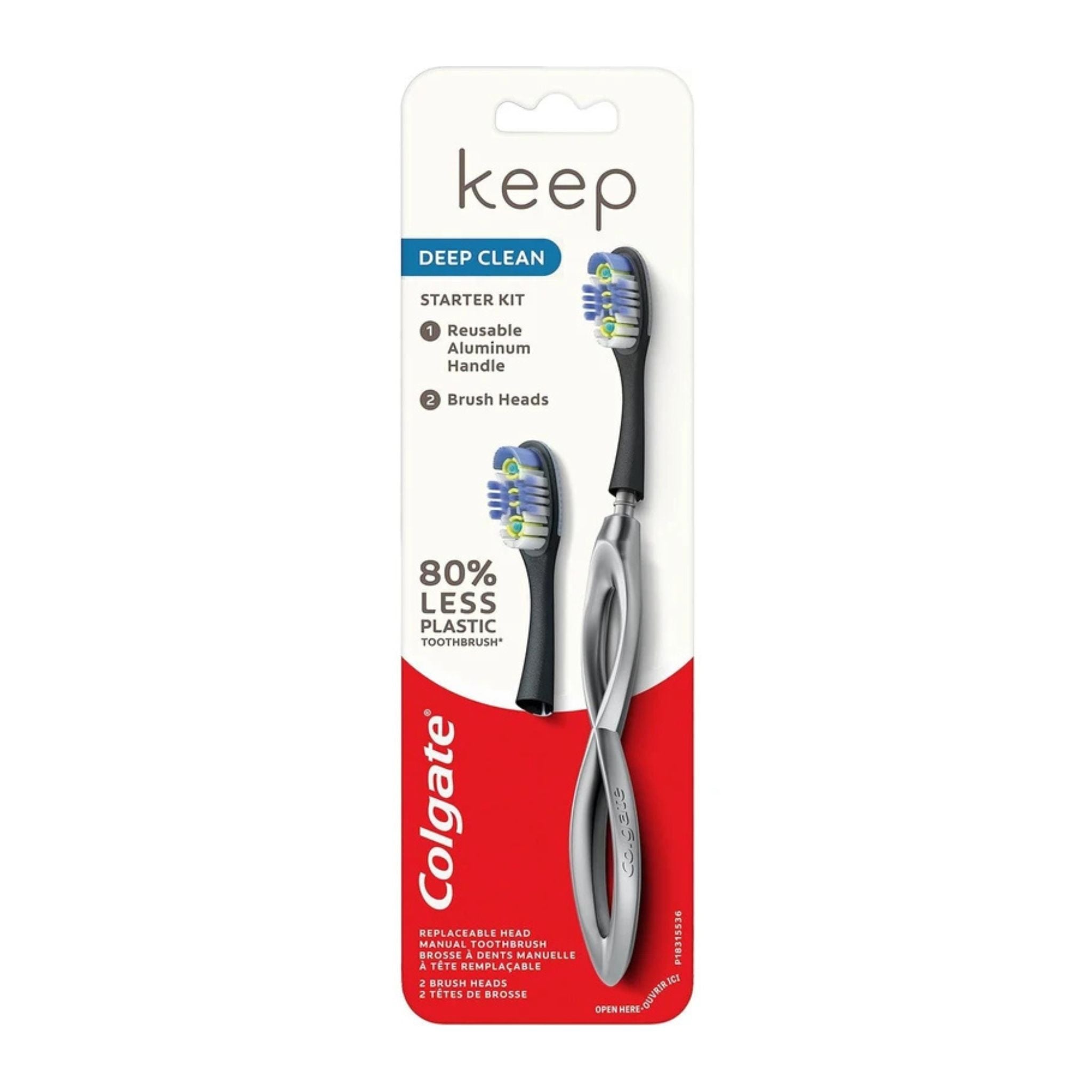 Colgate toothbrush starter kit with reusable handle and brush heads on a white background