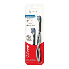 Colgate toothbrush starter kit with reusable handle and brush heads on a white background