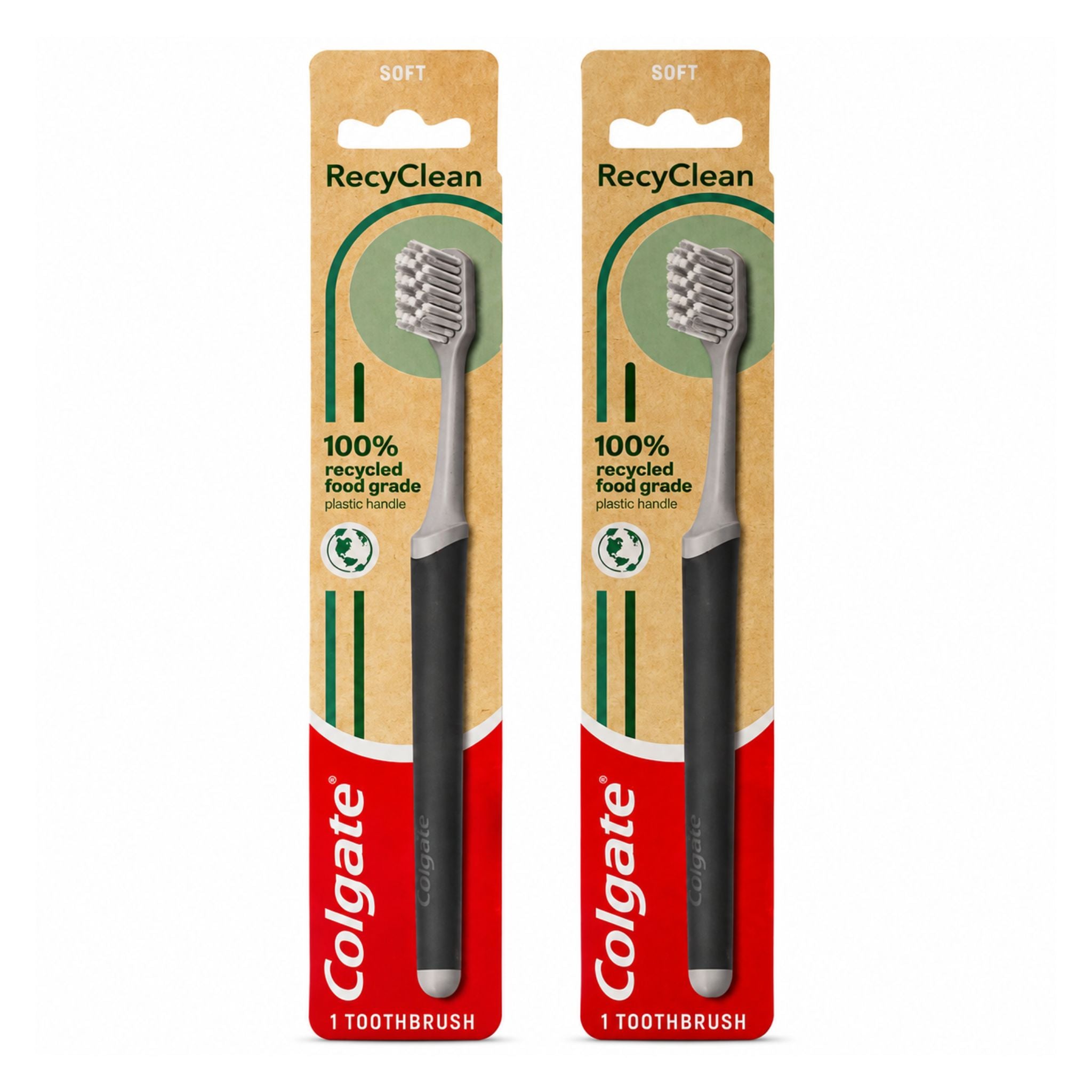 Two Colgate RecyClean toothbrushes in their original retail packaging, displayed side-by-side on a plain white background.