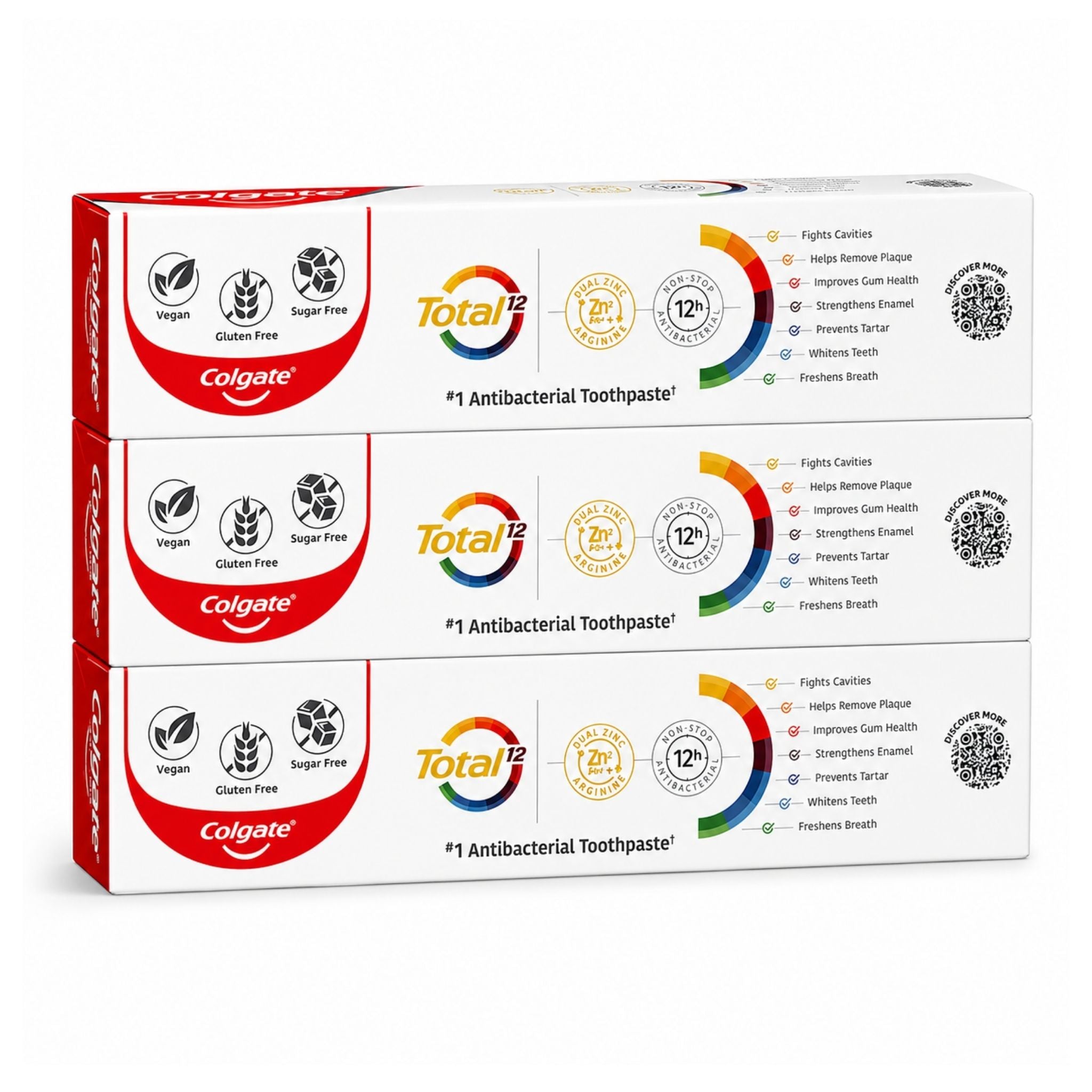 Three boxes of Colgate Total12 Antibacterial Toothpaste stacked vertically on a white background.