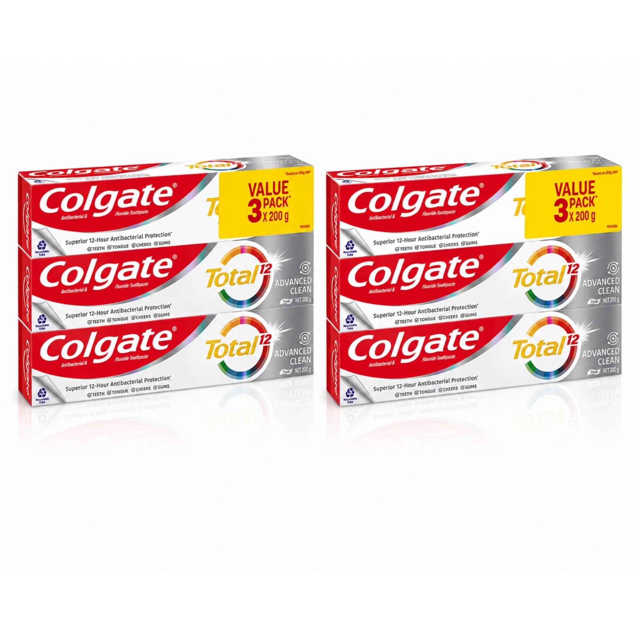 Four boxes of Colgate Total 12 Advanced Gum Care toothpaste arranged in a 2x2 grid on a white background with a faint reflection below.