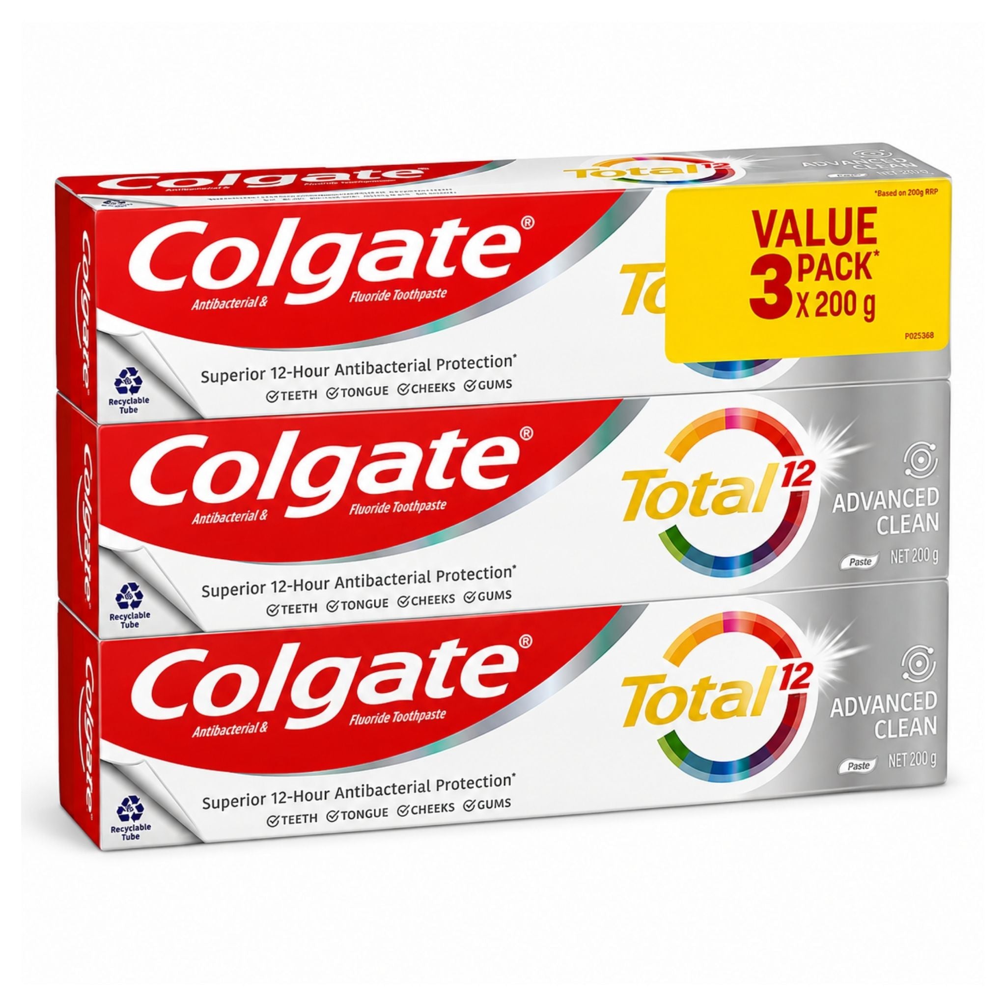 Three boxes of Colgate Total 12 Antibacterial Toothpaste in a 3-pack value set, featuring red and white packaging with a yellow 'VALUE 3 PACK x 200 g' label.
