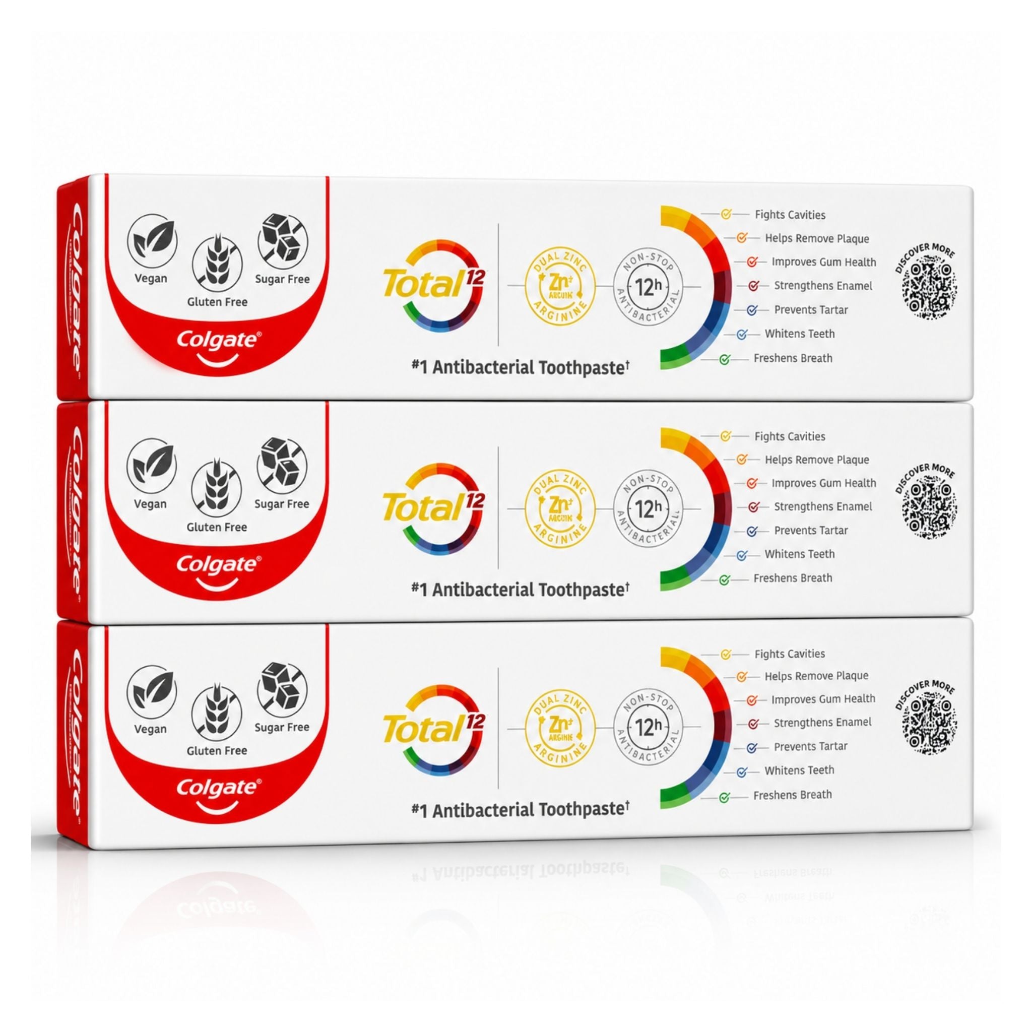 Three boxes of Colgate Total toothpaste stacked vertically on a white background with a soft reflection below. The packaging is white with red side panels, featuring the Colgate logo, Total branding, and various certification icons.