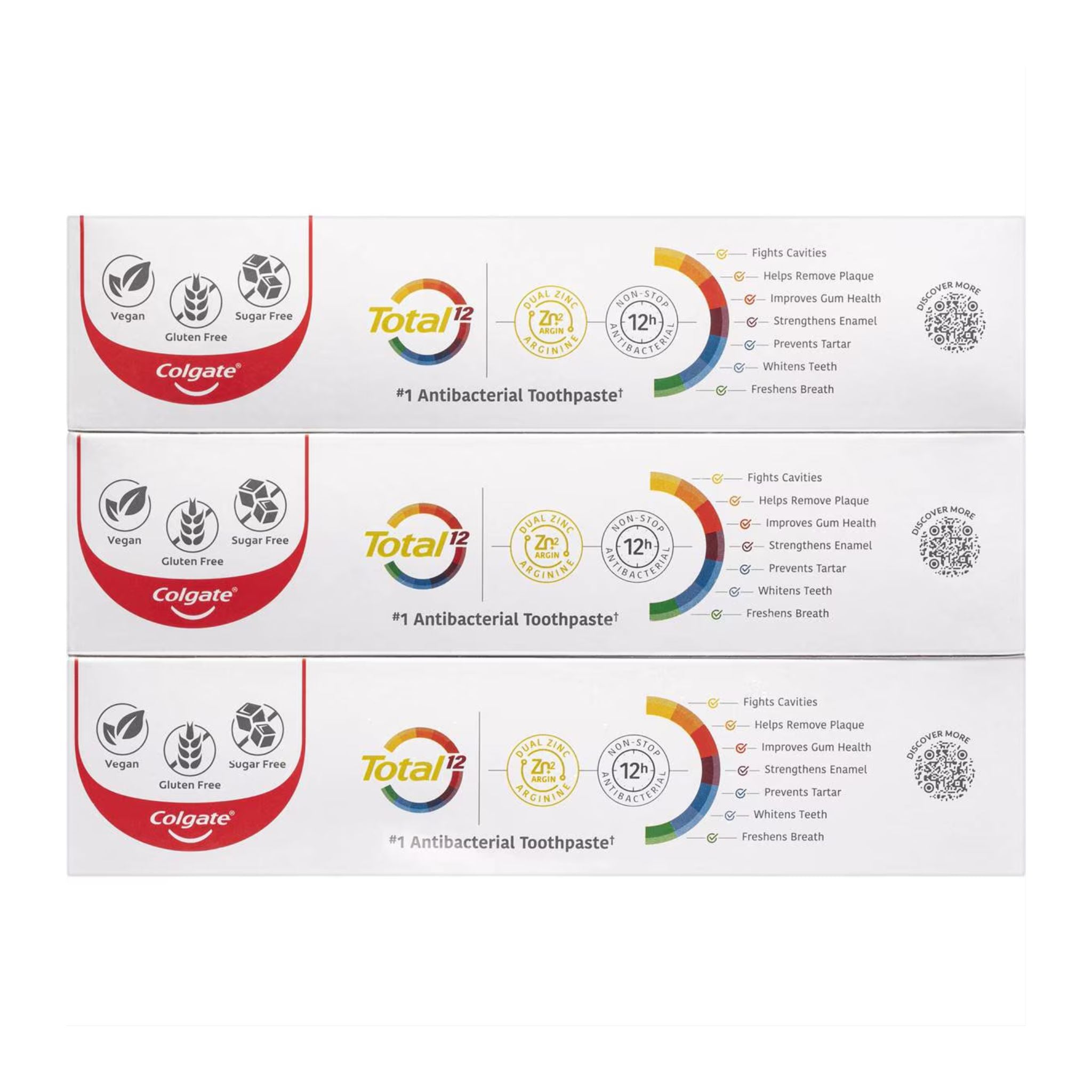 Multiple boxes of Colgate Total antibacterial toothpaste on a white background