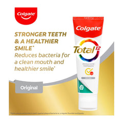 Colgate Total toothpaste tube on a white background with promotional text.