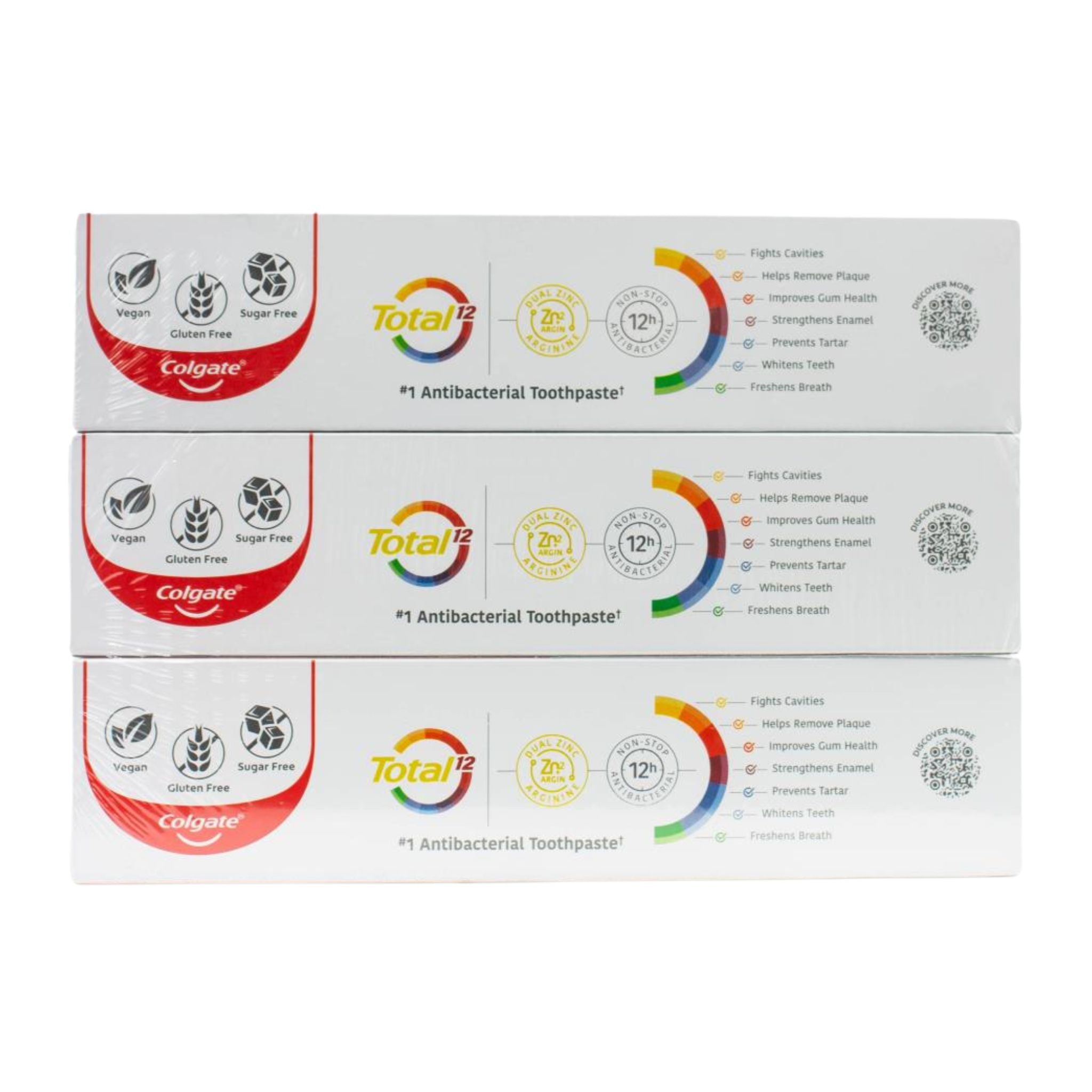Three boxes of Colgate Total 12 antibacterial toothpaste on a white background