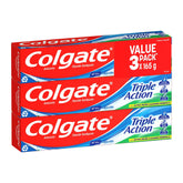Colgate Triple Action toothpaste value pack on a white background