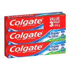 Colgate Triple Action toothpaste value pack on a white background