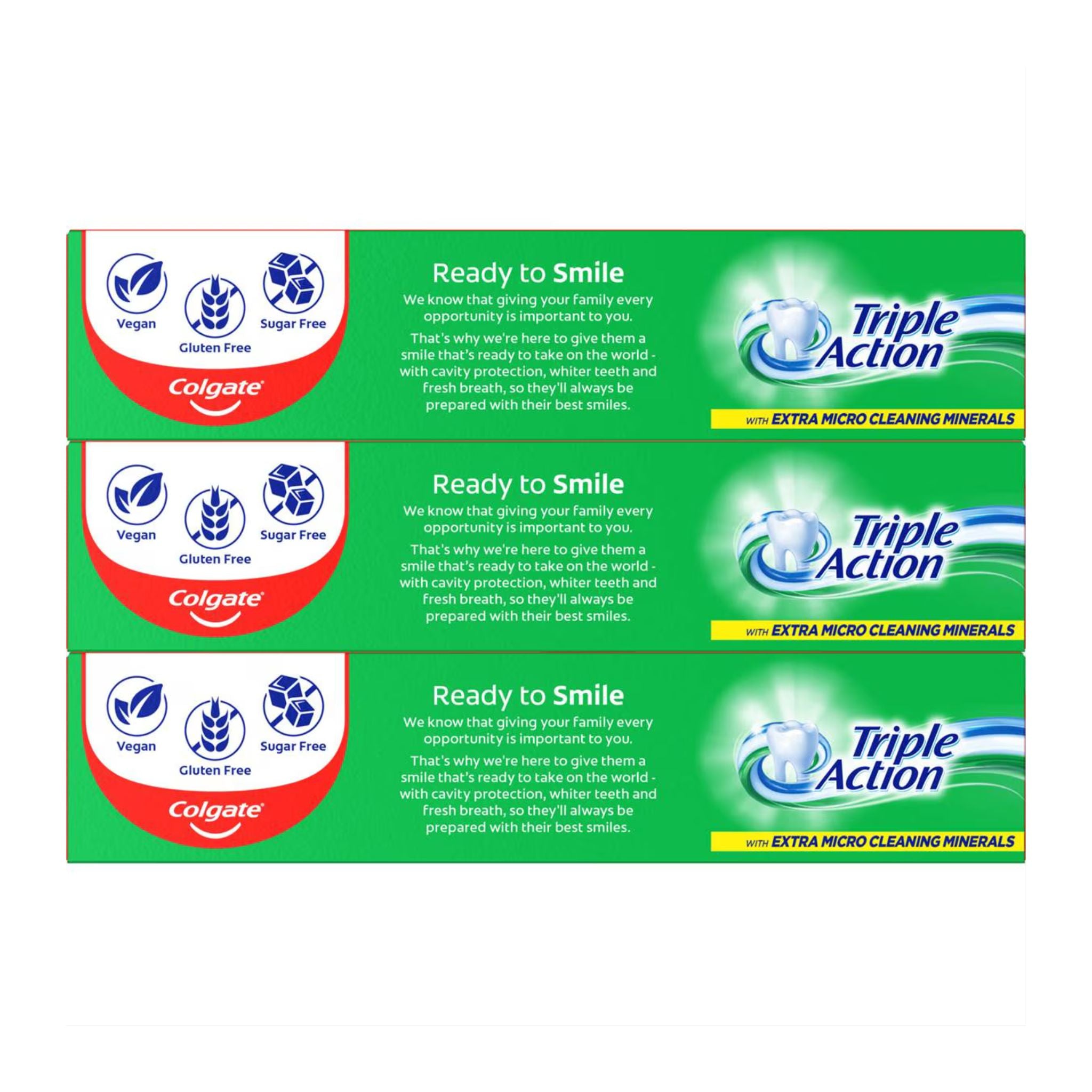 Three packs of Colgate Triple Action toothpaste on a white background