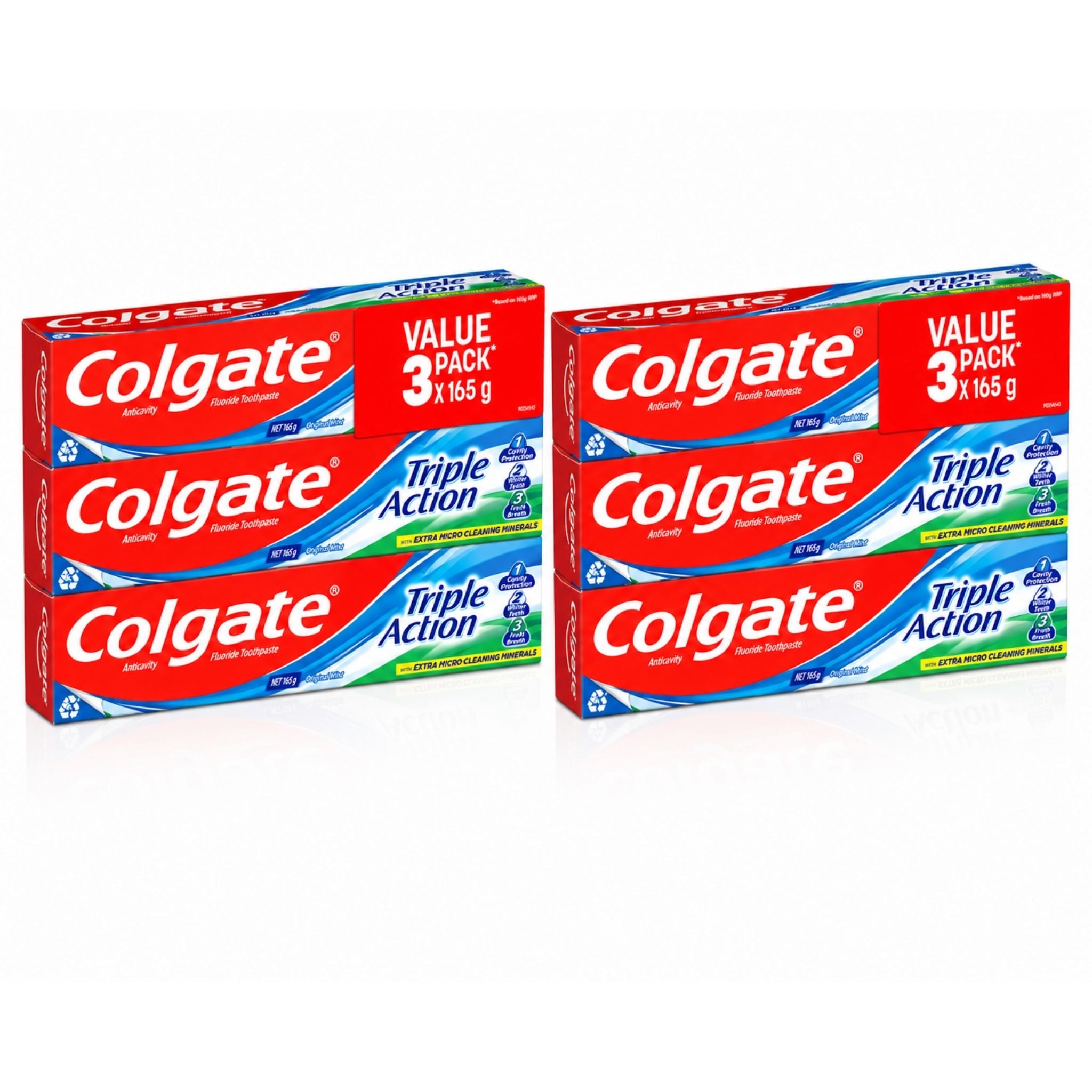 Four boxes of Colgate Triple Action toothpaste arranged in two pairs of two on a white background. The packaging is predominantly red with blue and green accents, and the Colgate brand name is clearly visible.