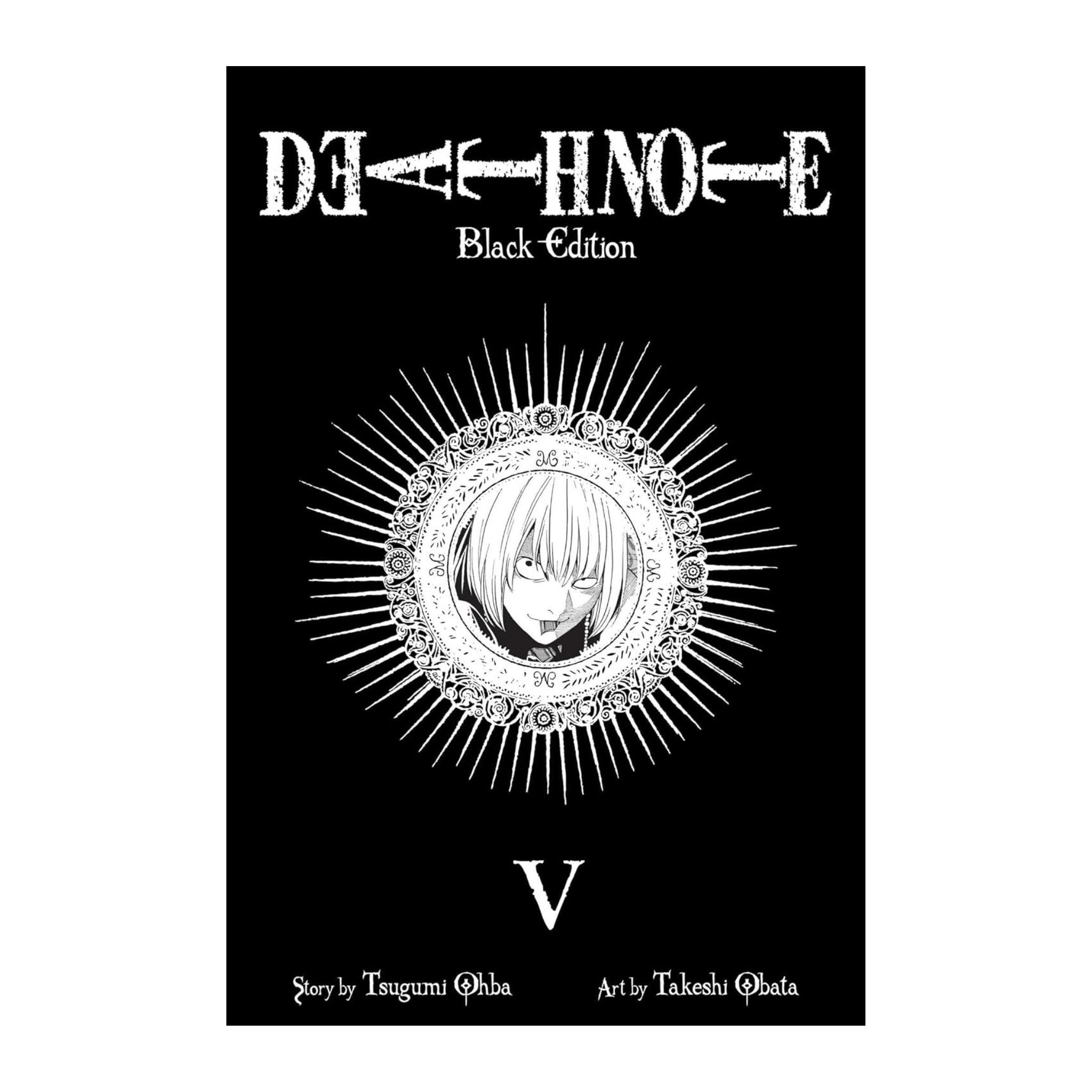 Book cover of 'DEATH NOTE Black Edition' with a black background and white text and illustration.