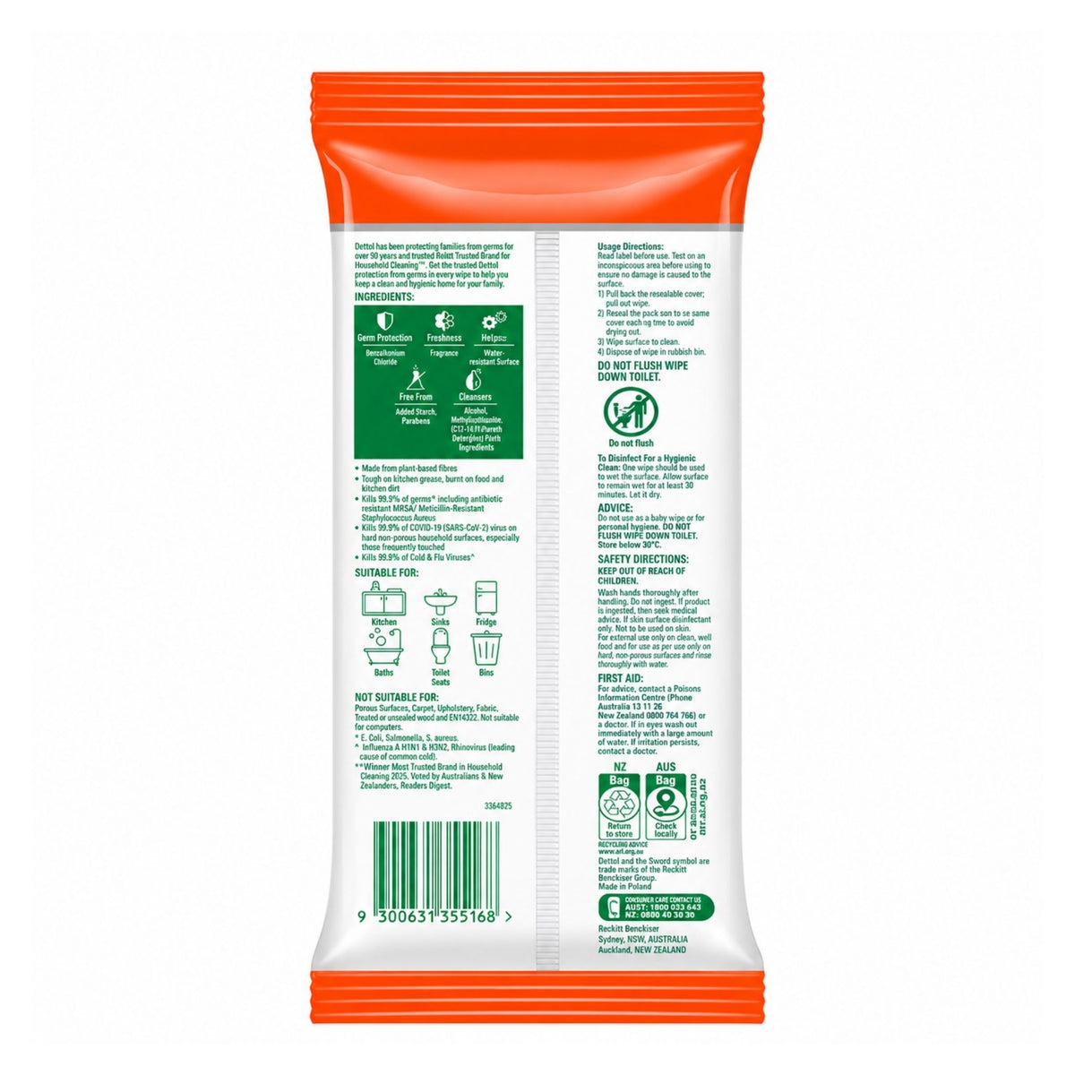 The back of a flexible plastic pouch package, likely for fish food, featuring orange top and bottom borders, a white center, and green text and icons with a barcode.