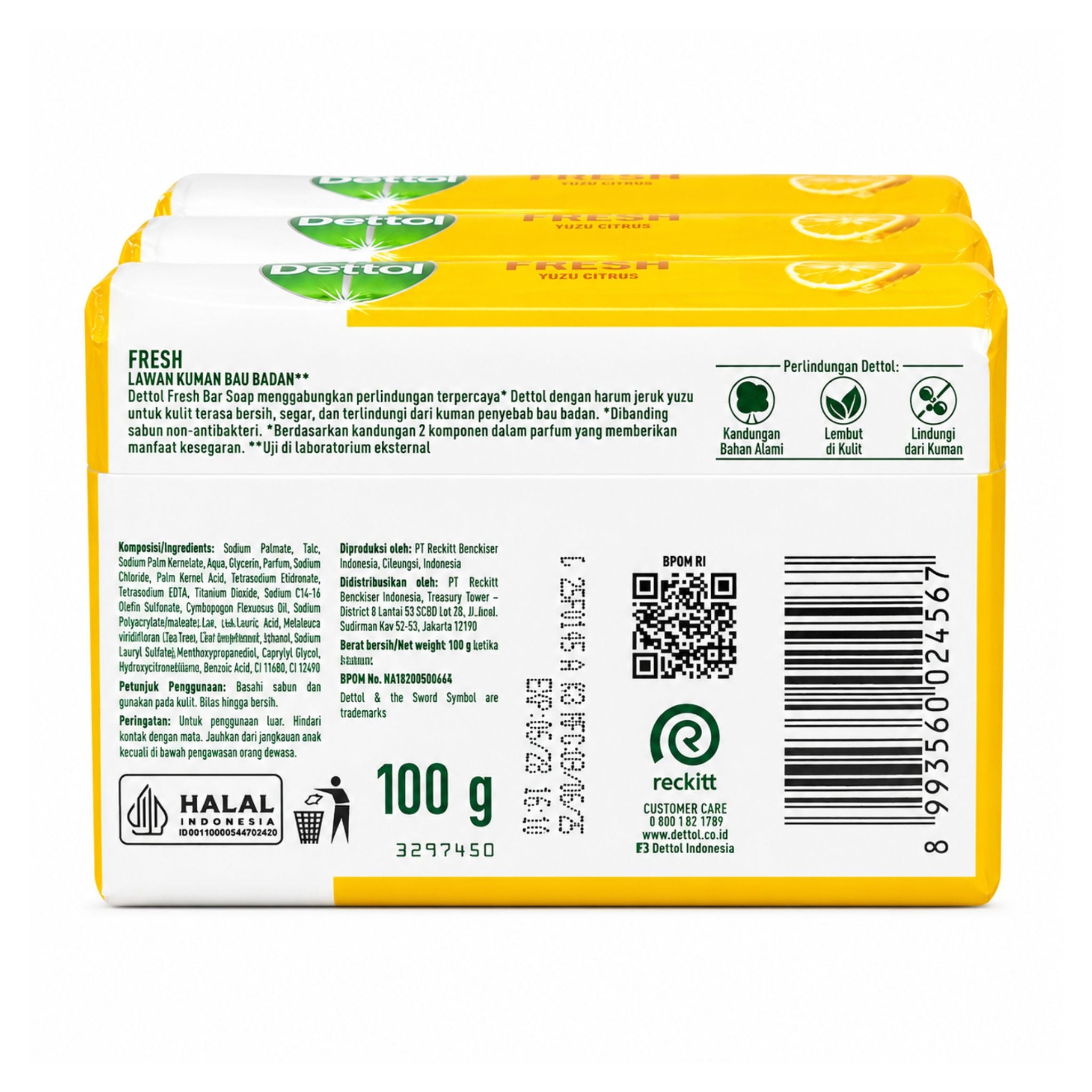 Back view of a Dettol soap bar with branding and product details on a white background