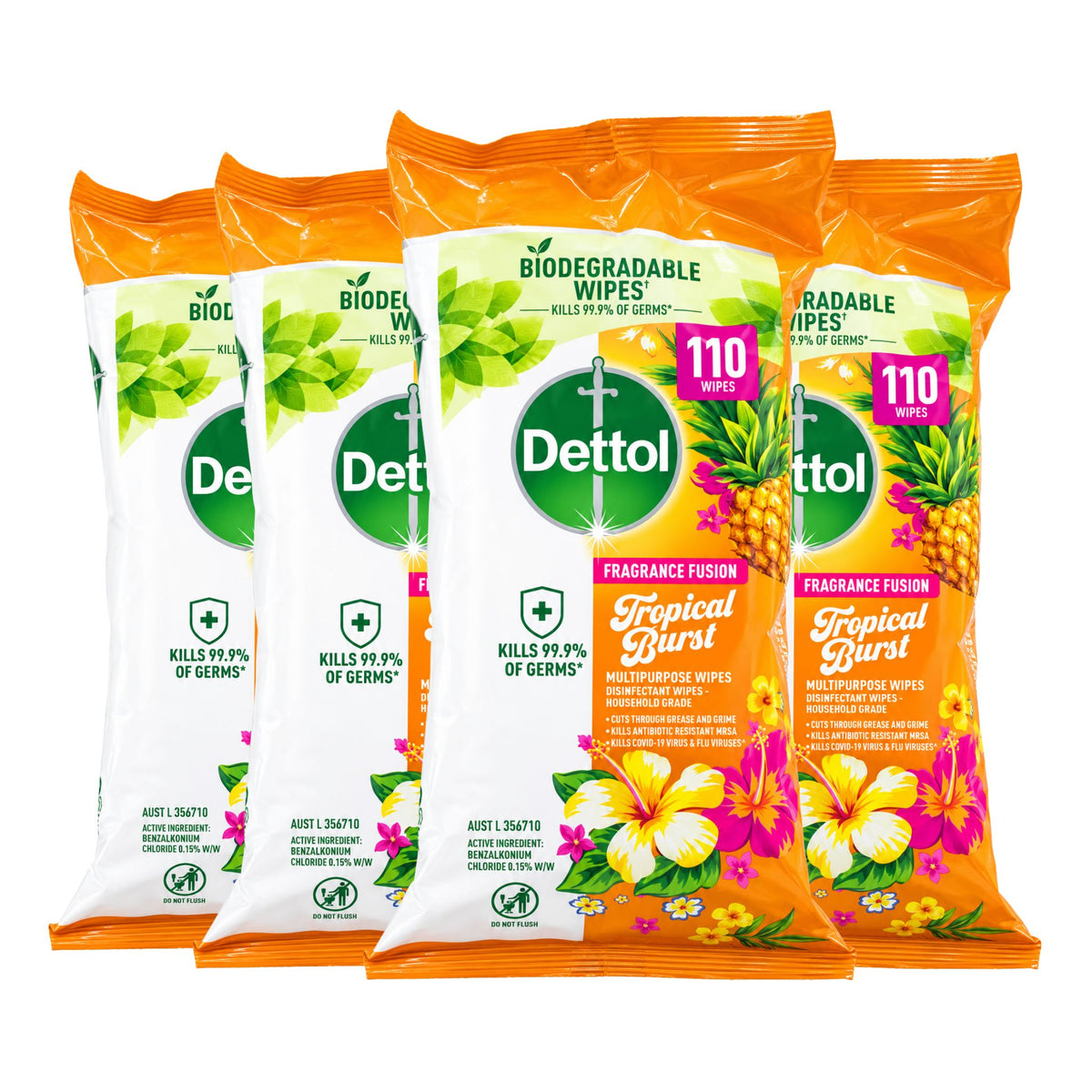 Four Dettol Fragrance Fusion Tropical Burst biodegradable wipes packages arranged in a fan shape on a white background.