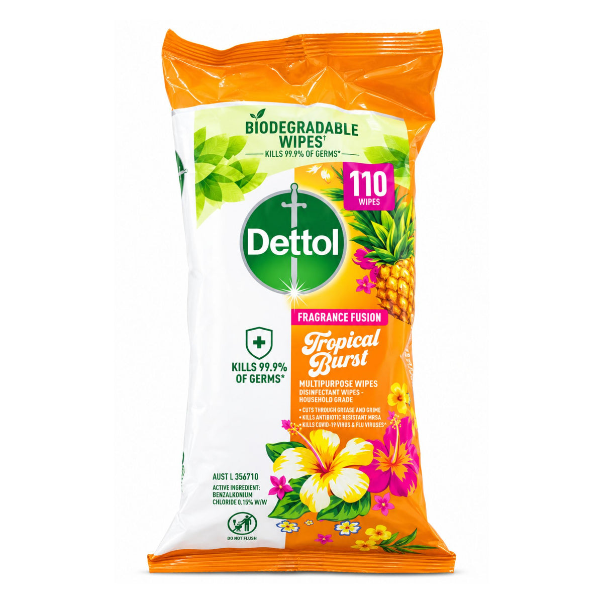 A package of Dettol Tropical Burst biodegradable wipes, featuring a white and bright orange bag with illustrations of tropical flowers, pineapples, and hibiscus, on a solid white background.