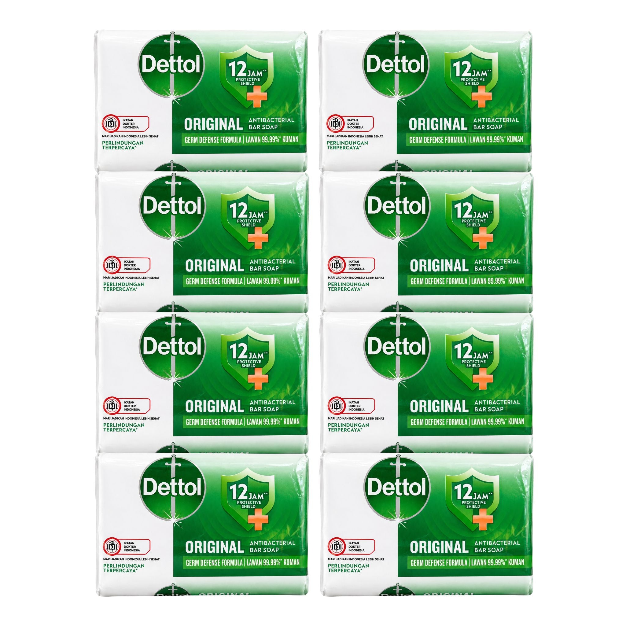 Eight packs of Dettol 12 Hour Original antibacterial hand soap arranged in a 2x4 grid on a plain white background.