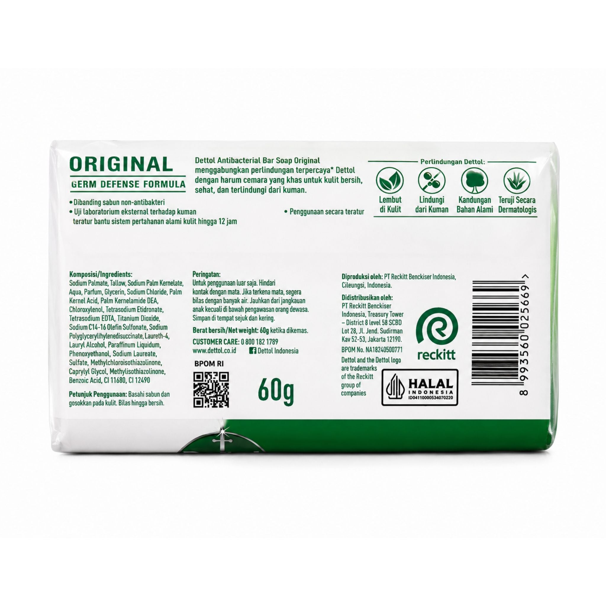 Back packaging of Original GERM DEFENSE FORMULA 60g, showing product details, ingredients, usage instructions, and a barcode on a white background.