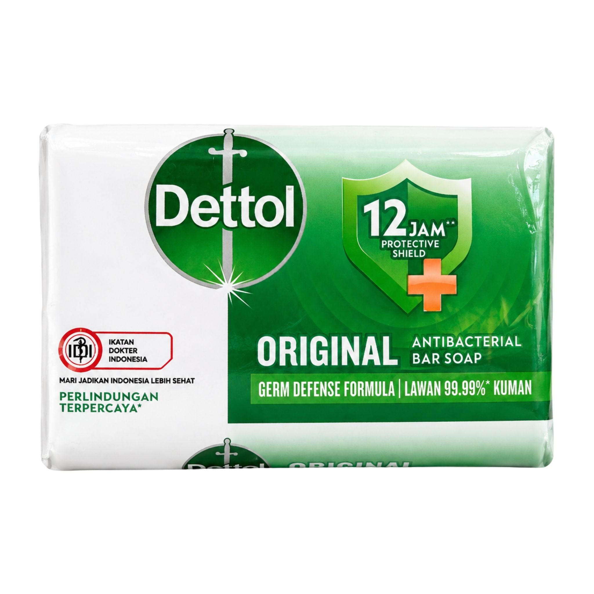 A rectangular bar of Dettol Original Antibacterial Bar Soap in its retail packaging, featuring a white and green design with a prominent green shield logo and a small orange cross.