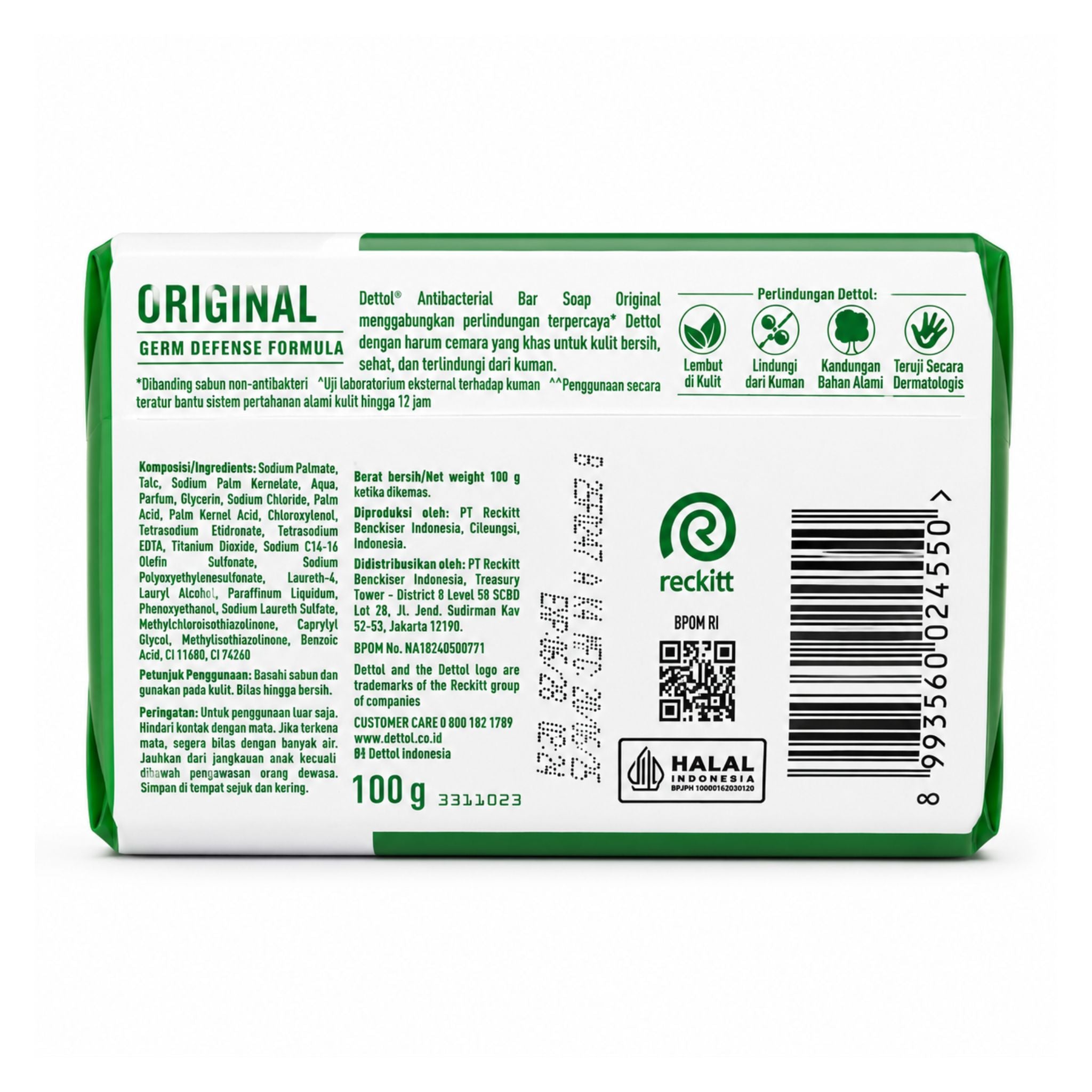 Back view of a Dettol soap bar packaging with text and branding on a white background