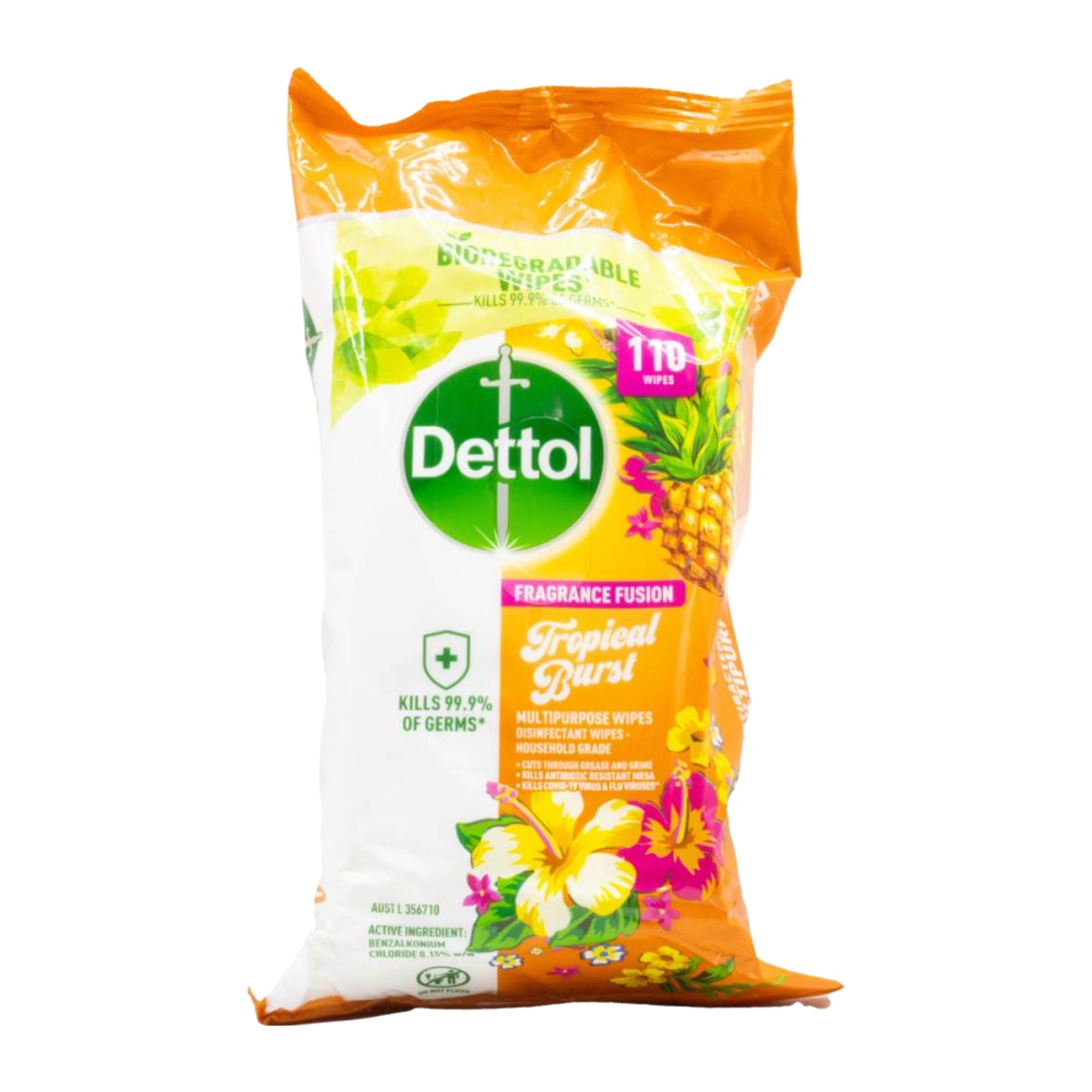 Dettol tropical burst disinfectant wipes packaging on a white background