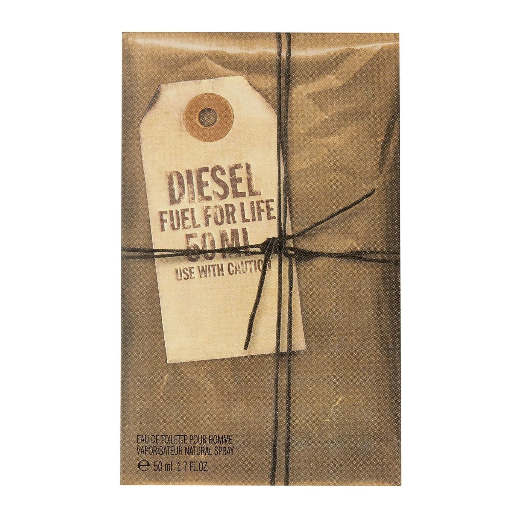 Packaged perfume with a brown paper wrapper and 'Diesel Fuel for Life' tag.