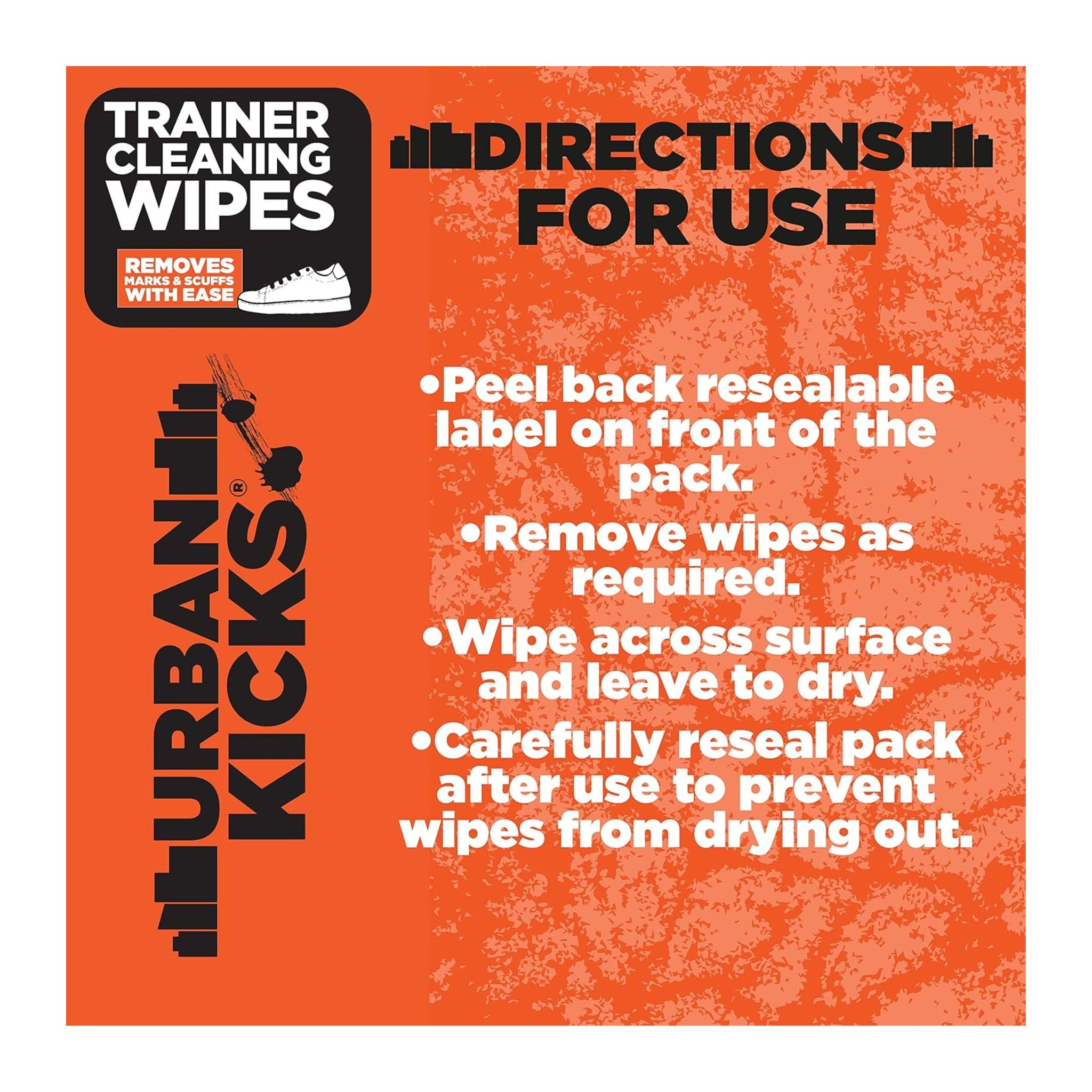 Instructions for using Urban Kicks Trainer Cleaning Wipes on an orange background