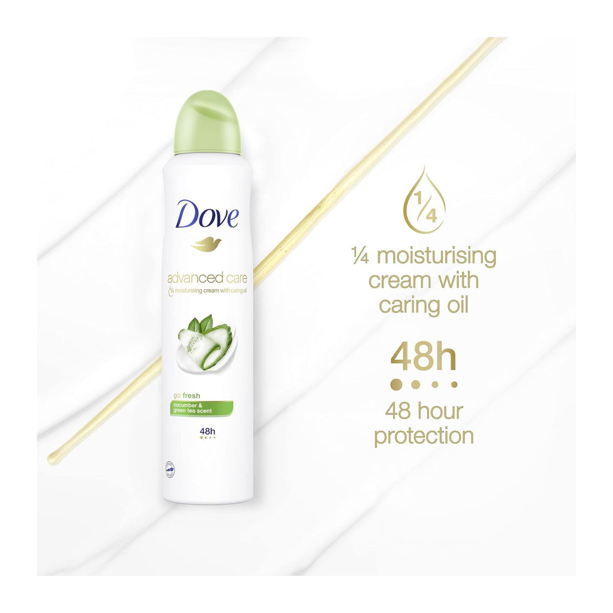 Dove deodorant spray bottle with product features on a white background