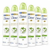 Six bottles of Dove Advanced Care deodorant on a white background