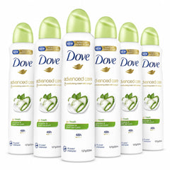 Six bottles of Dove Advanced Care deodorant on a white background