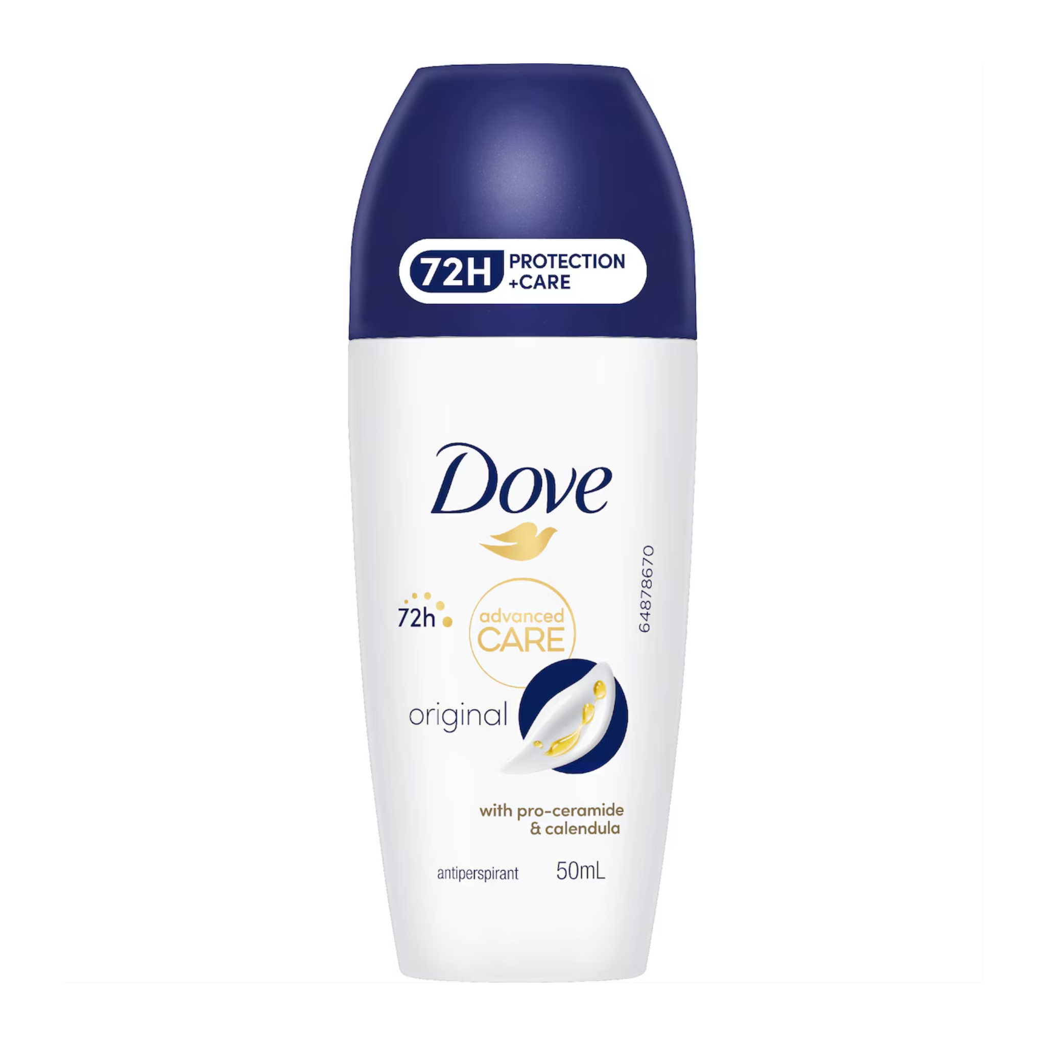 Dove deodorant bottle with blue cap and white body on a white background