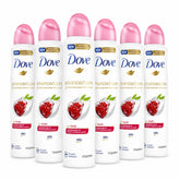 Six bottles of Dove Advanced Care deodorant with pink caps on a white background
