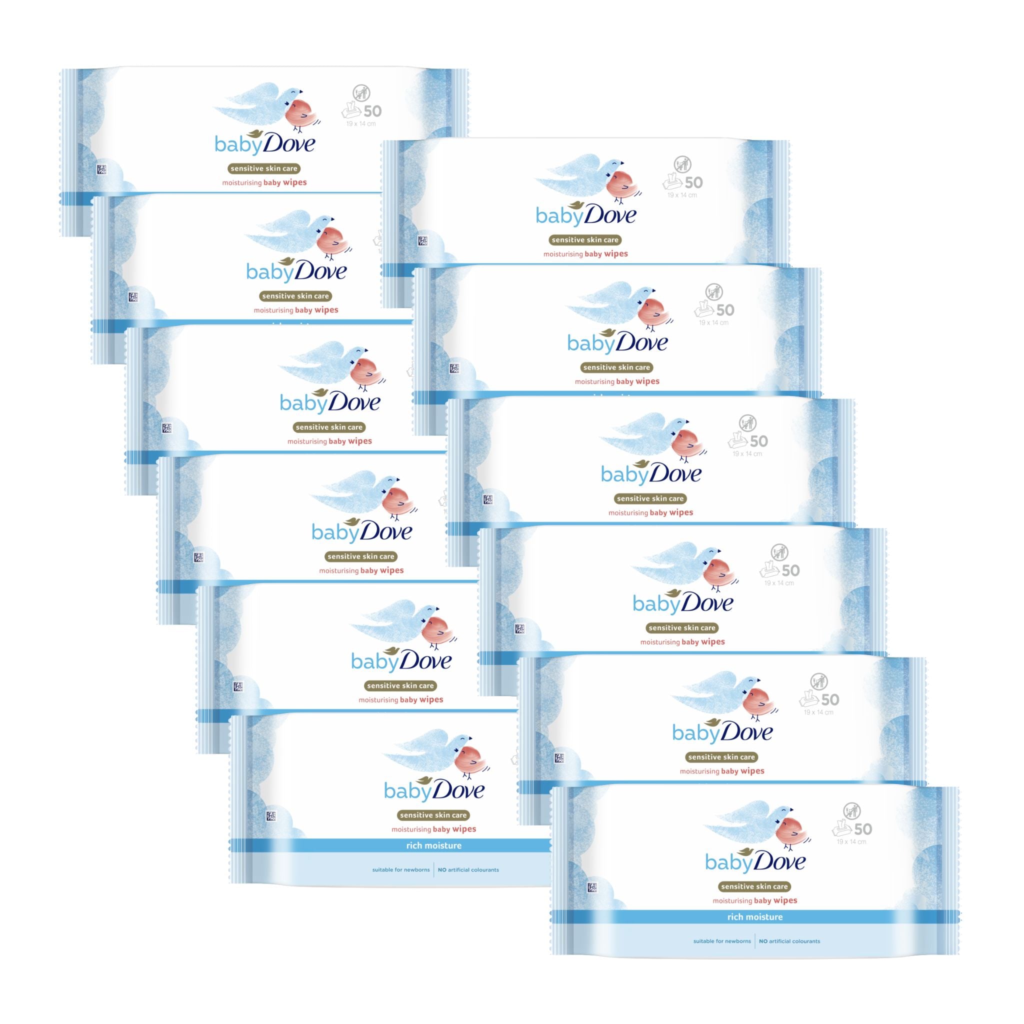 Multiple packs of baby Dove wipes on a white background