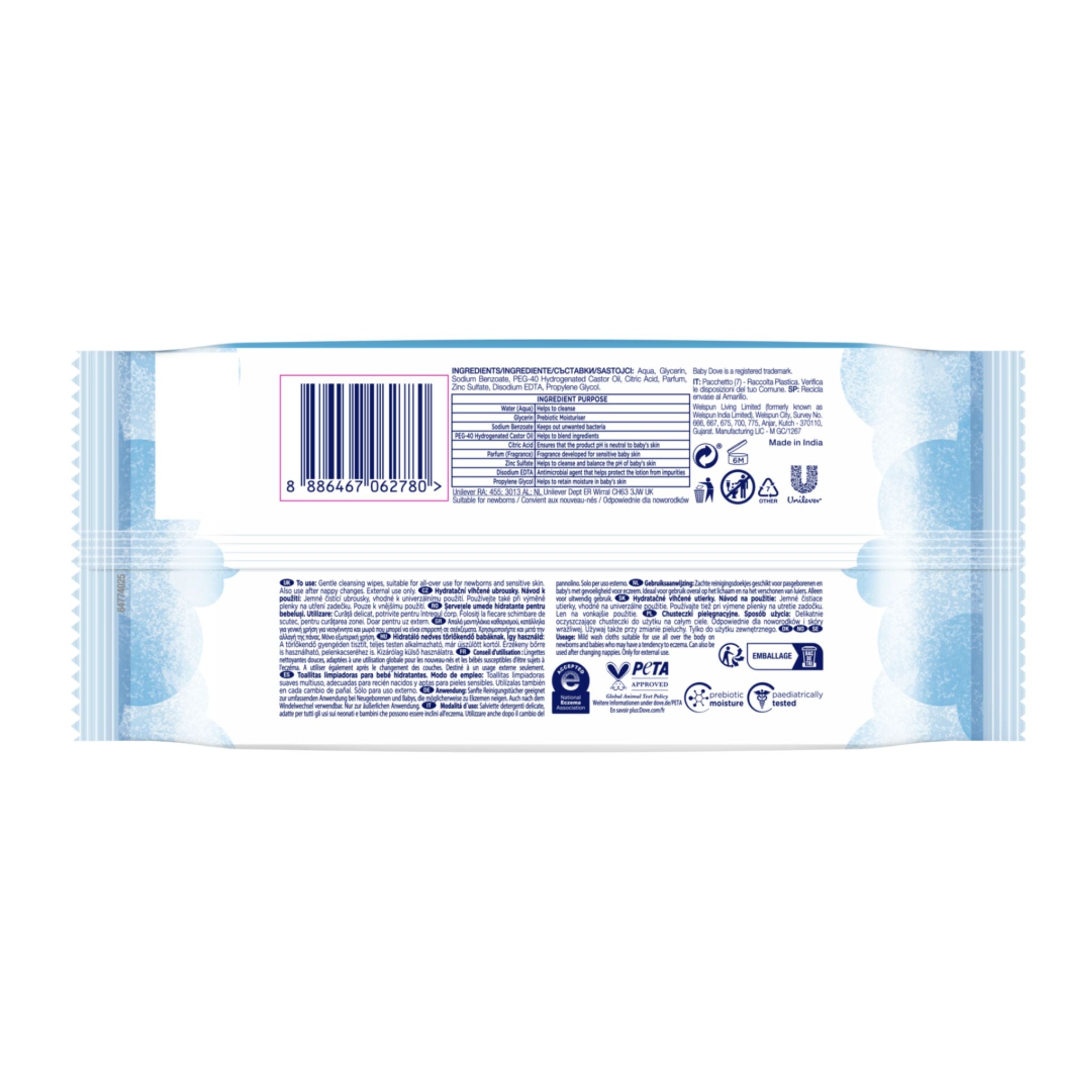 Back view of a package of baby wipes with text and logos on a white background