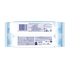 Back view of a package of baby wipes with text and logos on a white background
