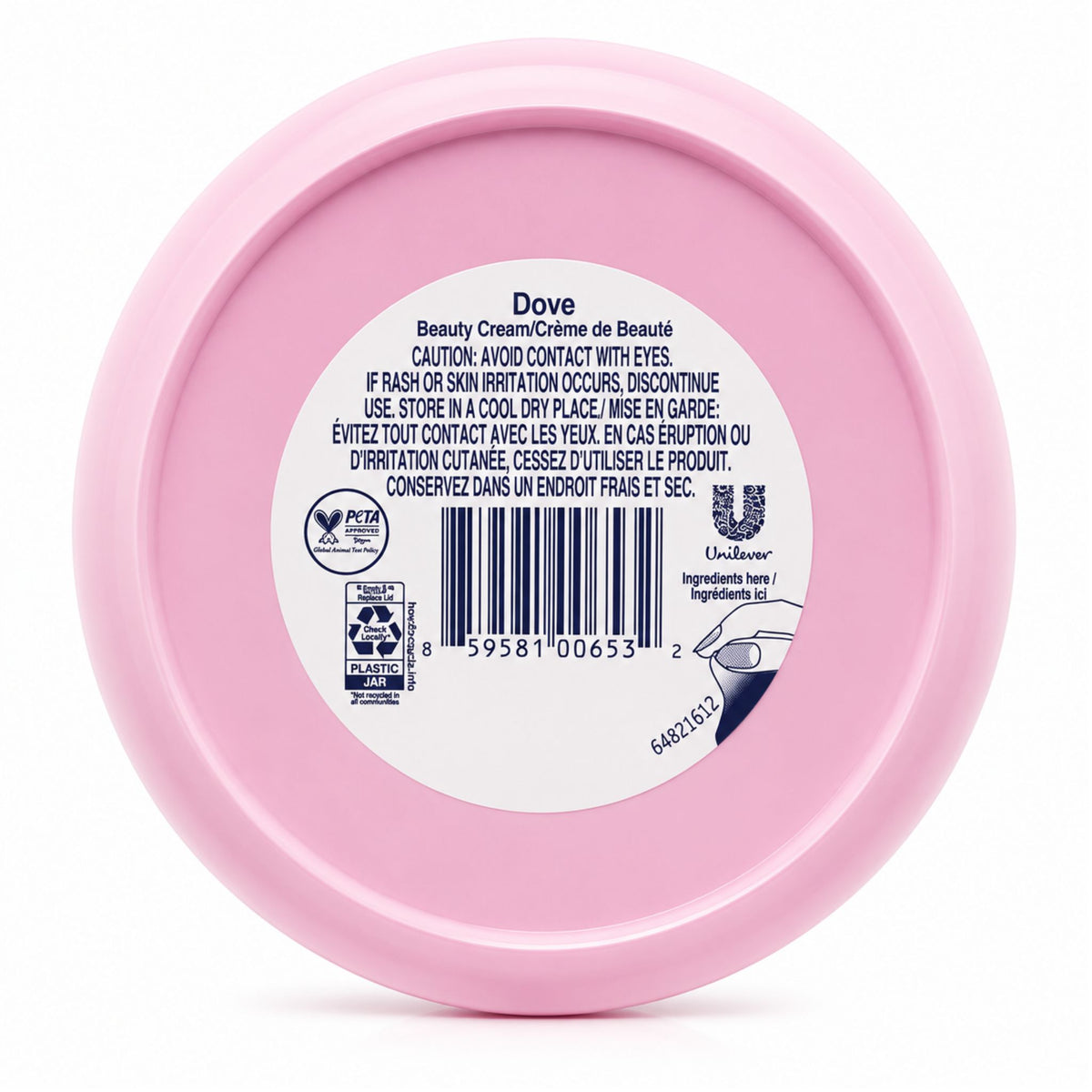 The back of a round pink plastic jar of Dove Beauty Cream, featuring a white label with product information, barcode, and Unilever logo.