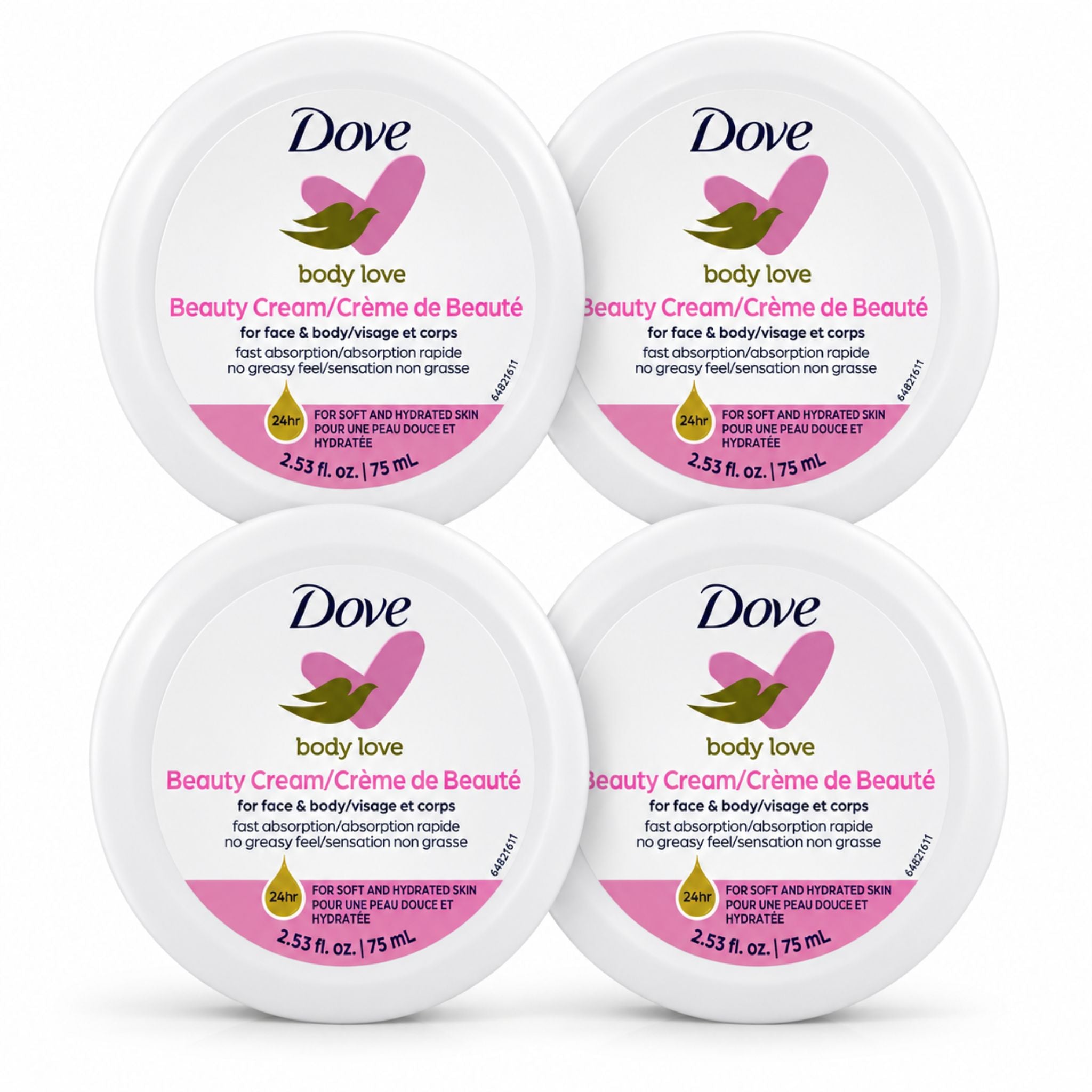 Four round white tubs of Dove Body Love Beauty Cream arranged in a 2x2 grid on a white background.